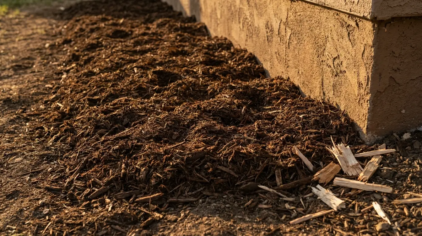 Freshly laid brown mulch beside a textured stucco wall in sunlight