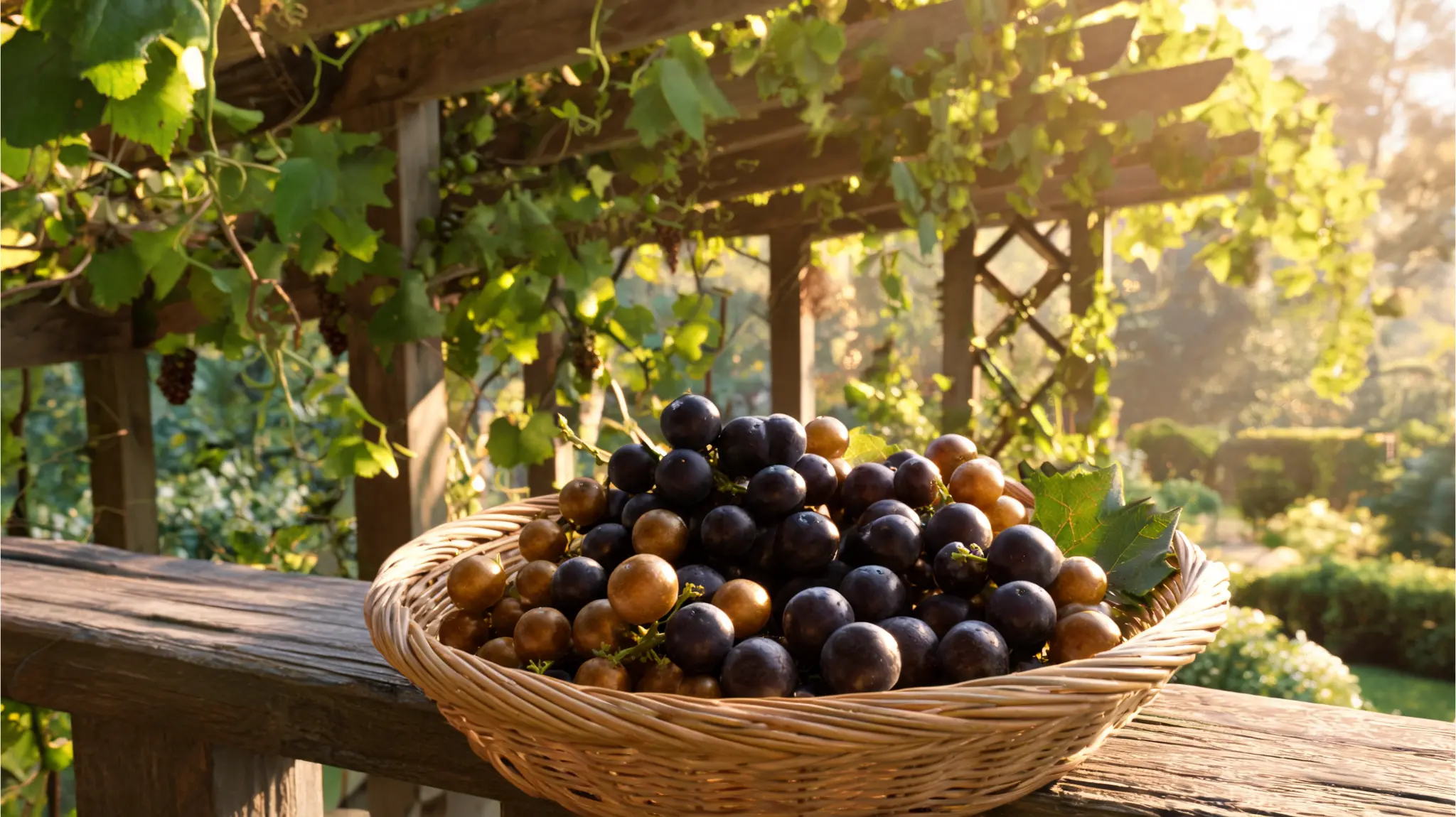 muscadine grapes in basket outdoors
