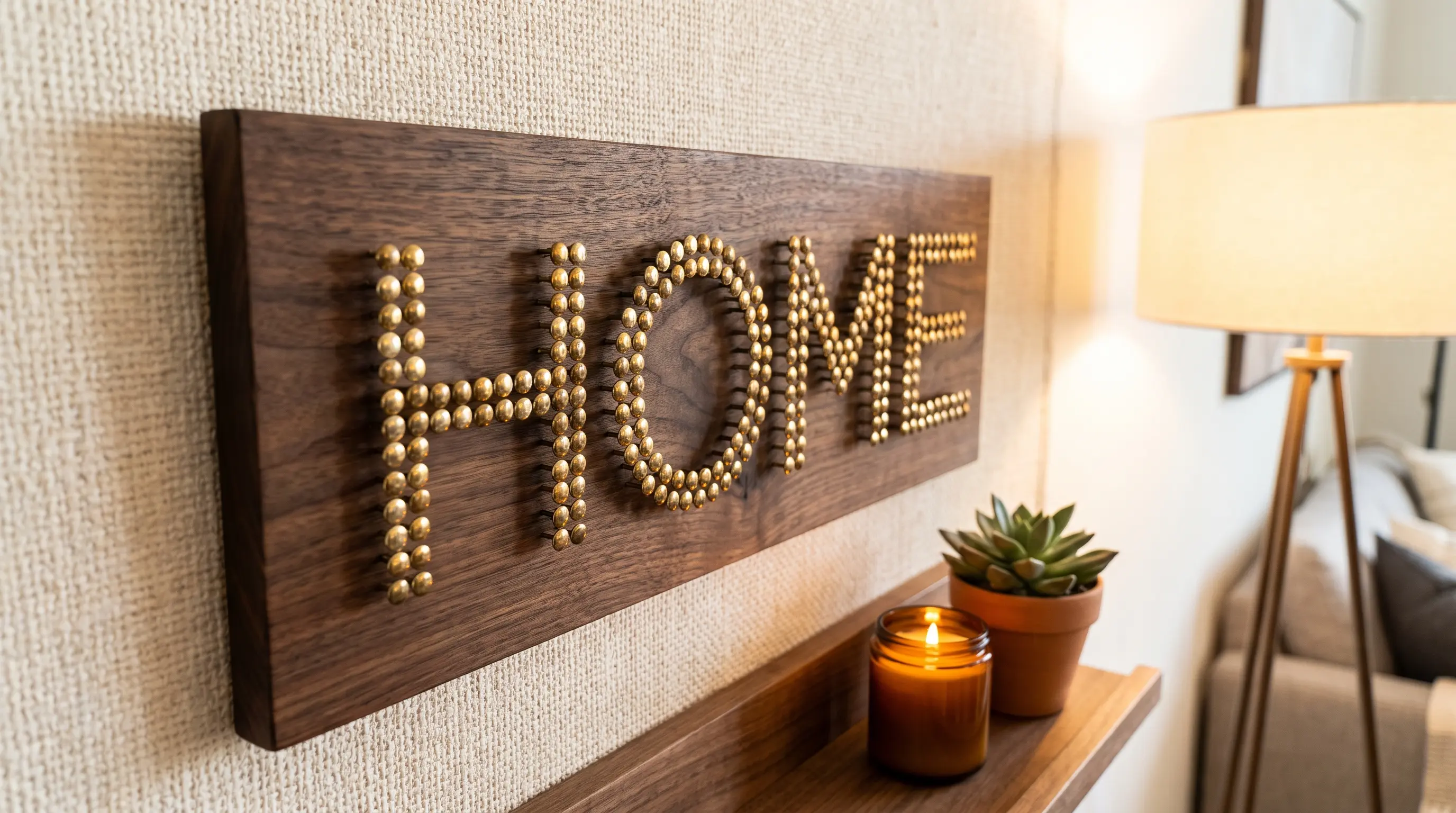 small nail heads hammered carefully along traced letters on foam core to spell out a short word