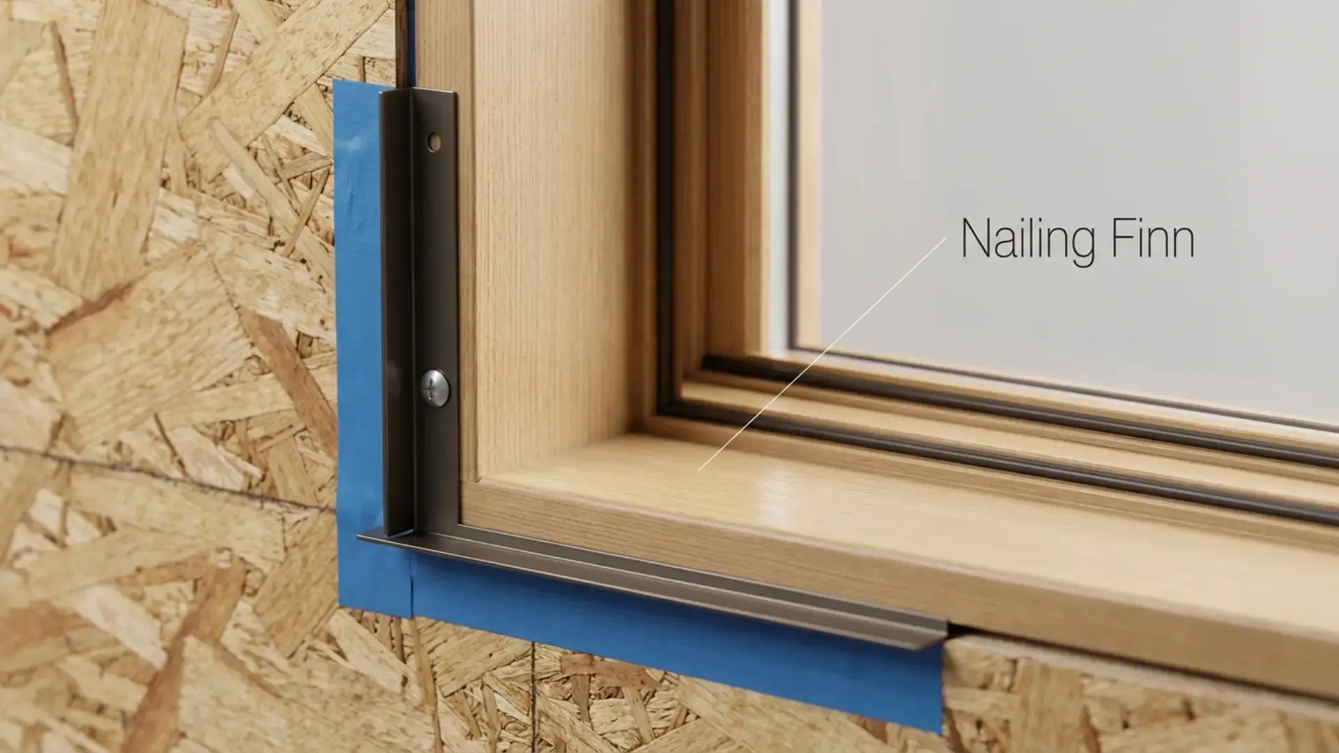 window installation closeup showing a dark nailing fin fixed over blue flashing tape and wall sheathing