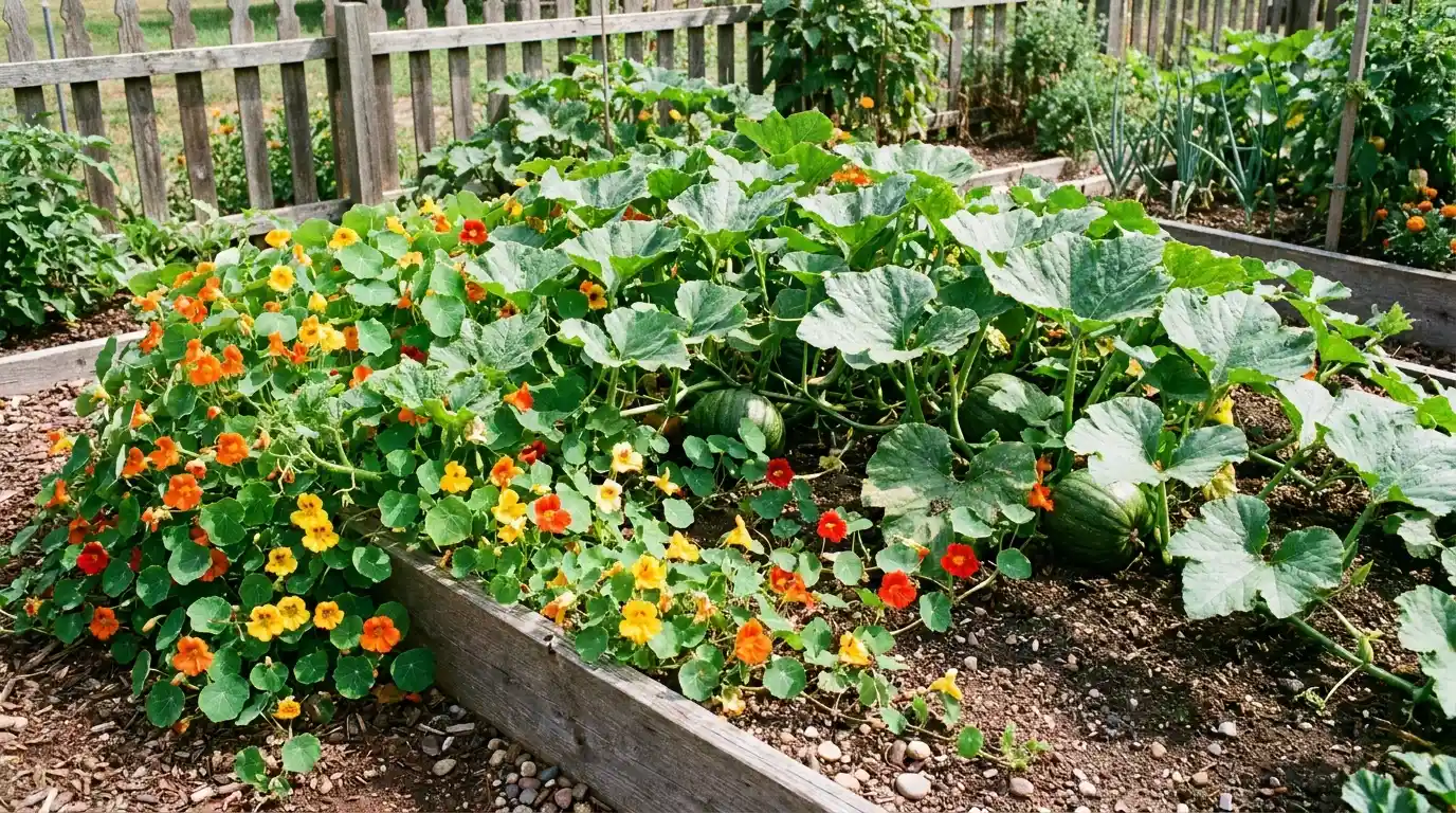 pumpkin vines growing with colorful nasturtium flowers along the edge of a garden bed
