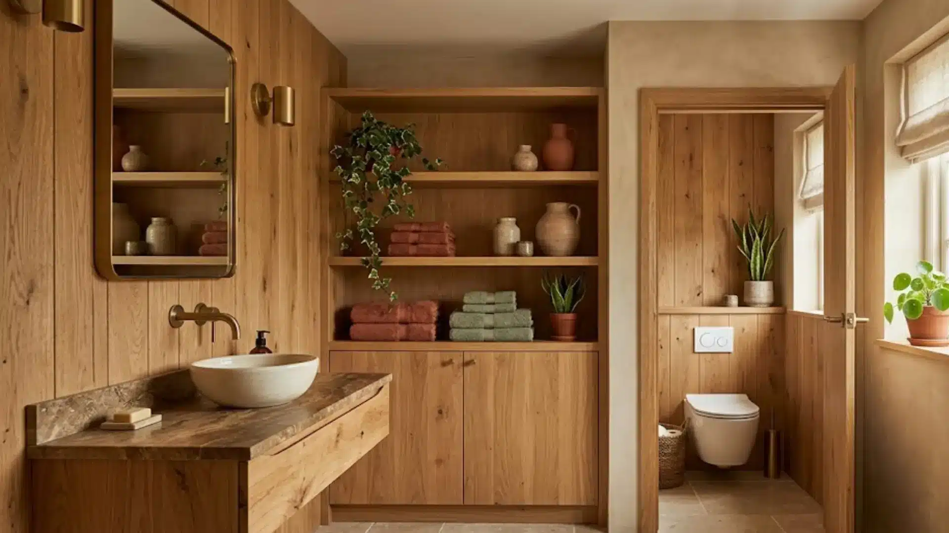 natural wood water closet with warm textures, plants, and earthy bathroom design elements