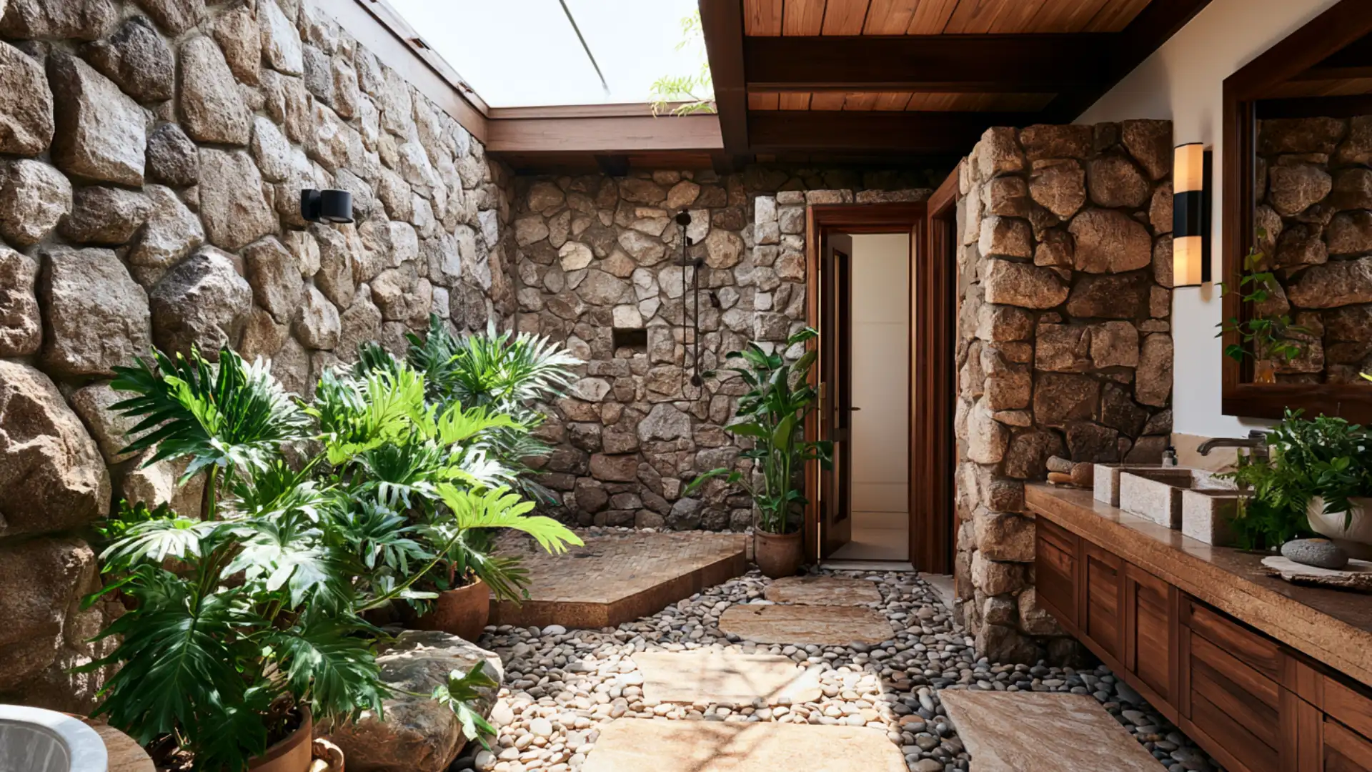 nature inspired shower conversion with plants stone textures and earthy details