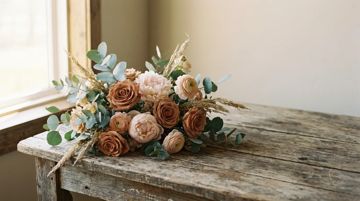 Floral bouquet with roses and eucalyptus on rustic wooden table near window