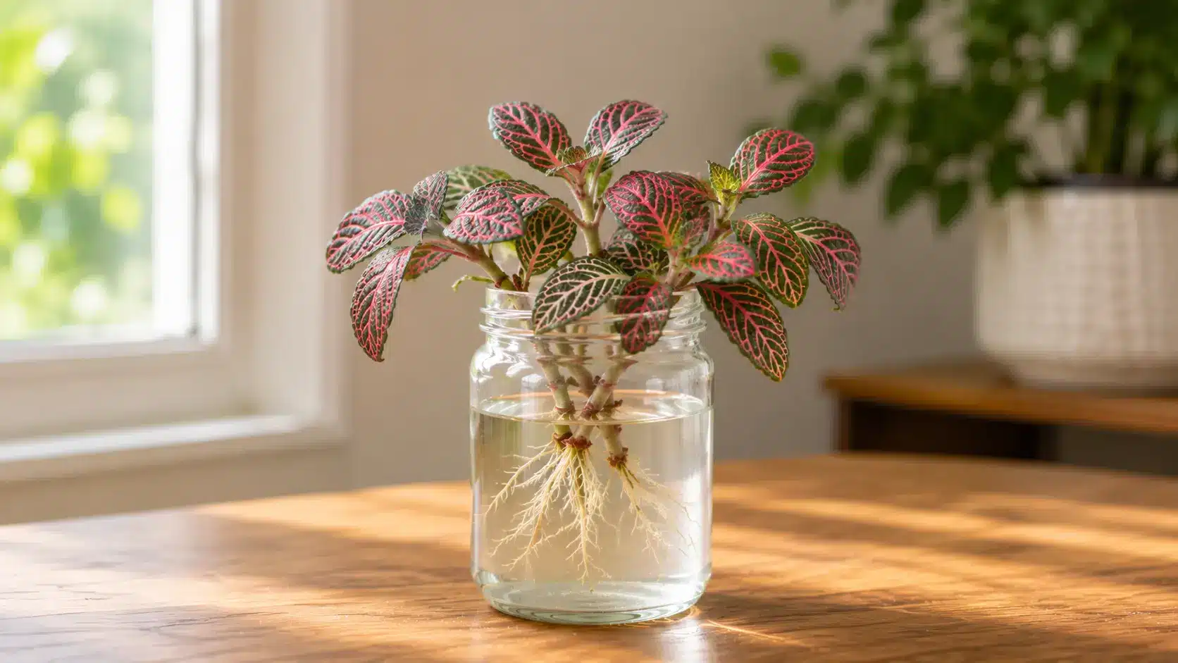 nerve plant with pink-veined leaves and dense roots growing in a clear glass jar of water