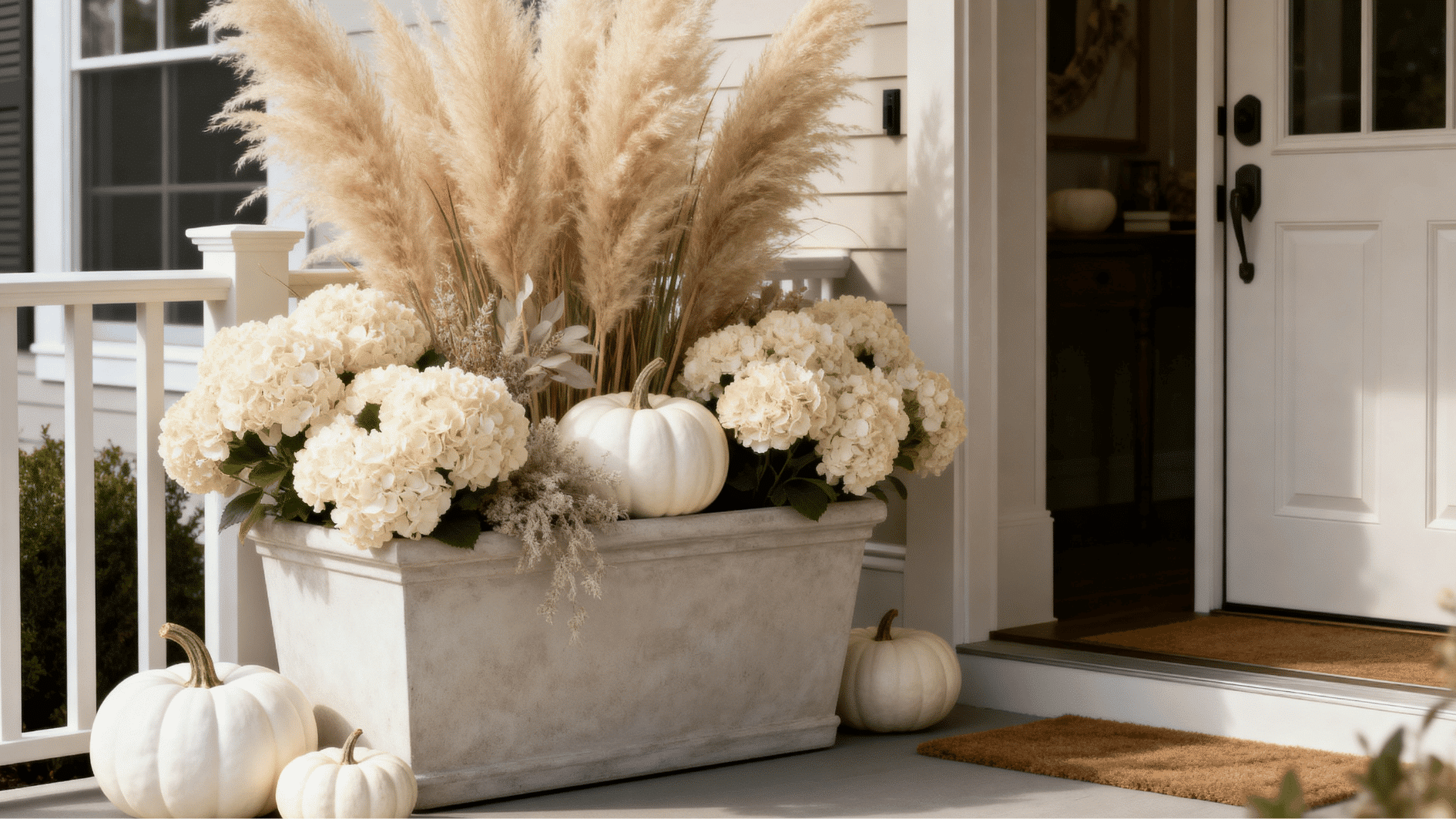 neutral fall porch planter with white pumpkins, pampas grass, and cream hydrangeas in soft natural lighting.