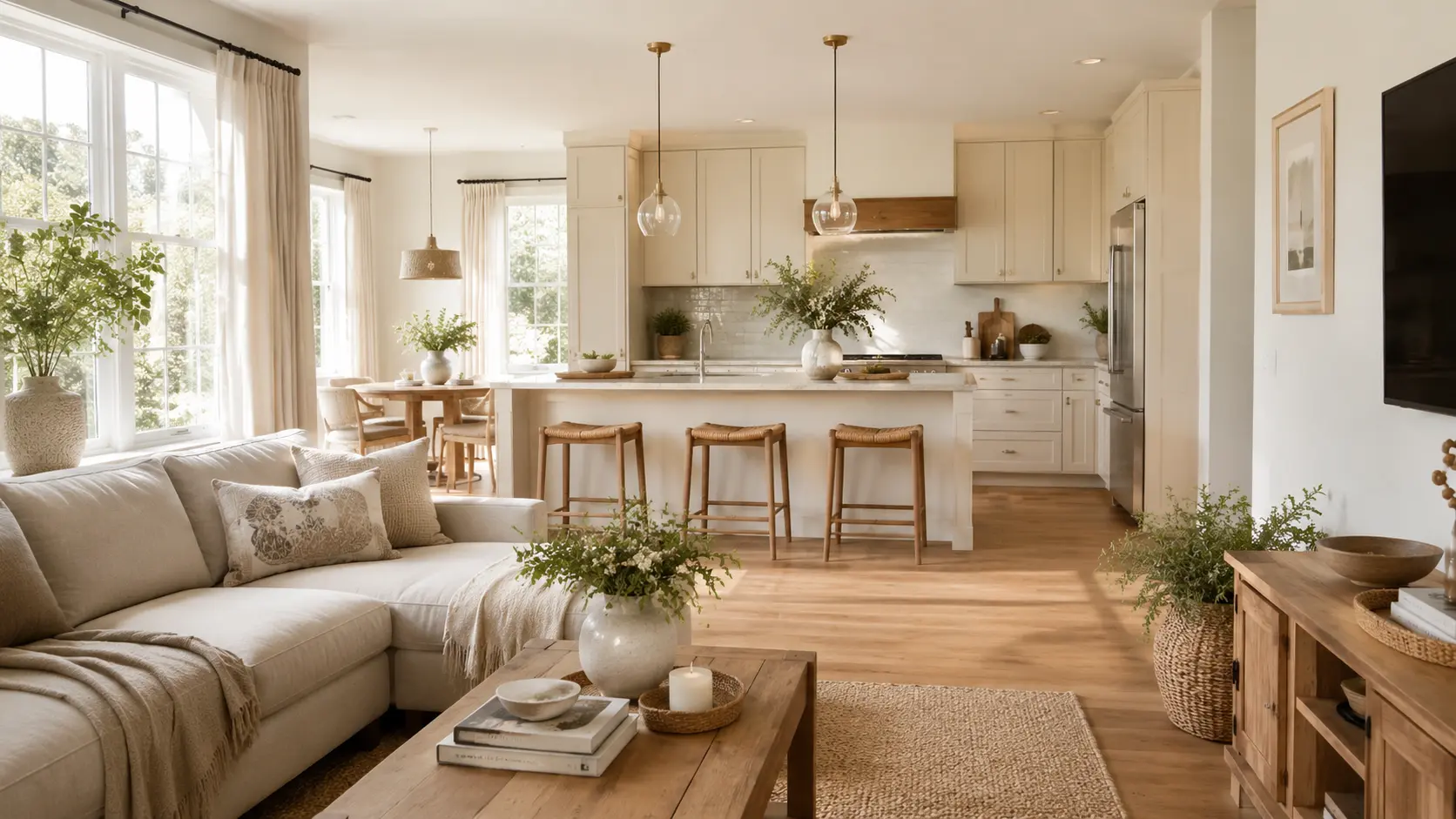 neutral open concept kitchen and living room