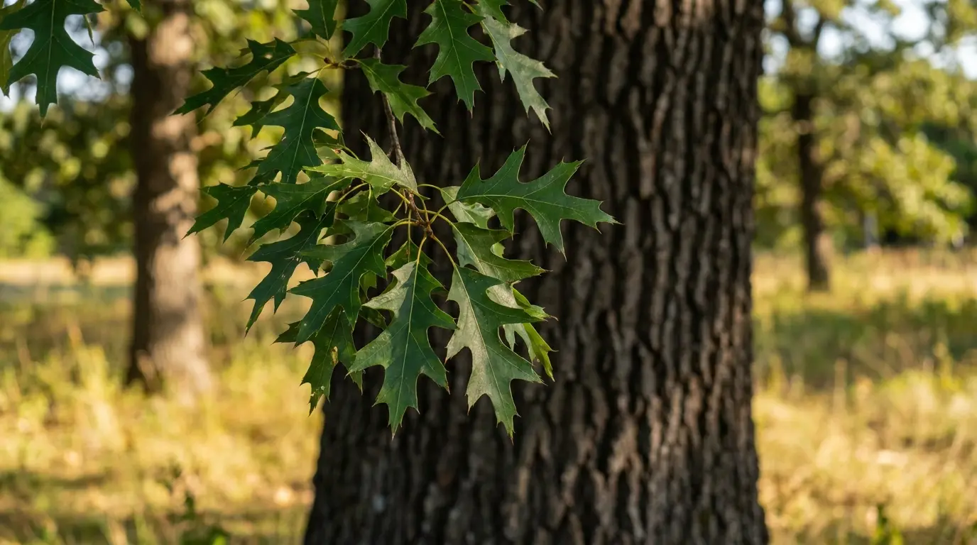 northern red oak with pointed leaves and dark ridged bark