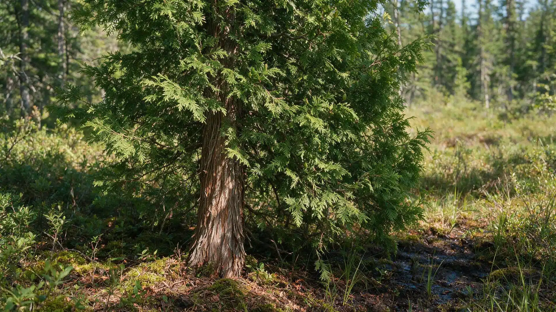 northern white cedar growing in a sunlit wet forest with fibrous bark and dense green foliage