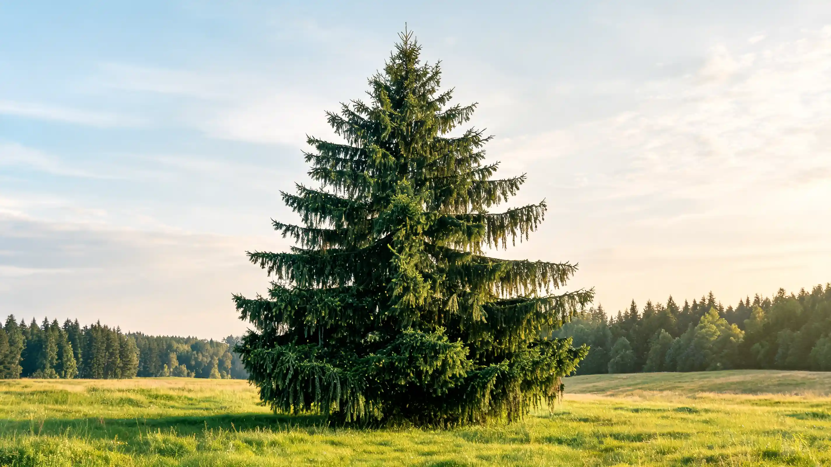 mature norway spruce with dark green needles and hanging branch tips beside an open european meadow
