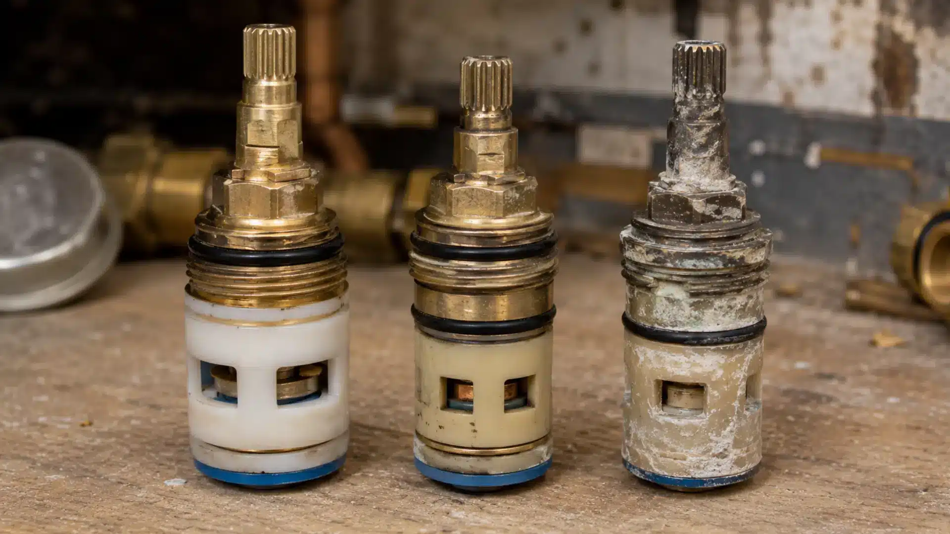 different shower valve cartridges arranged for plumbing part comparison