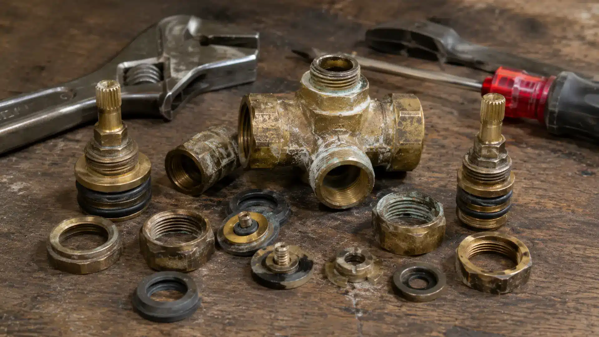 old compression shower valve parts with worn brass stems and rubber washers