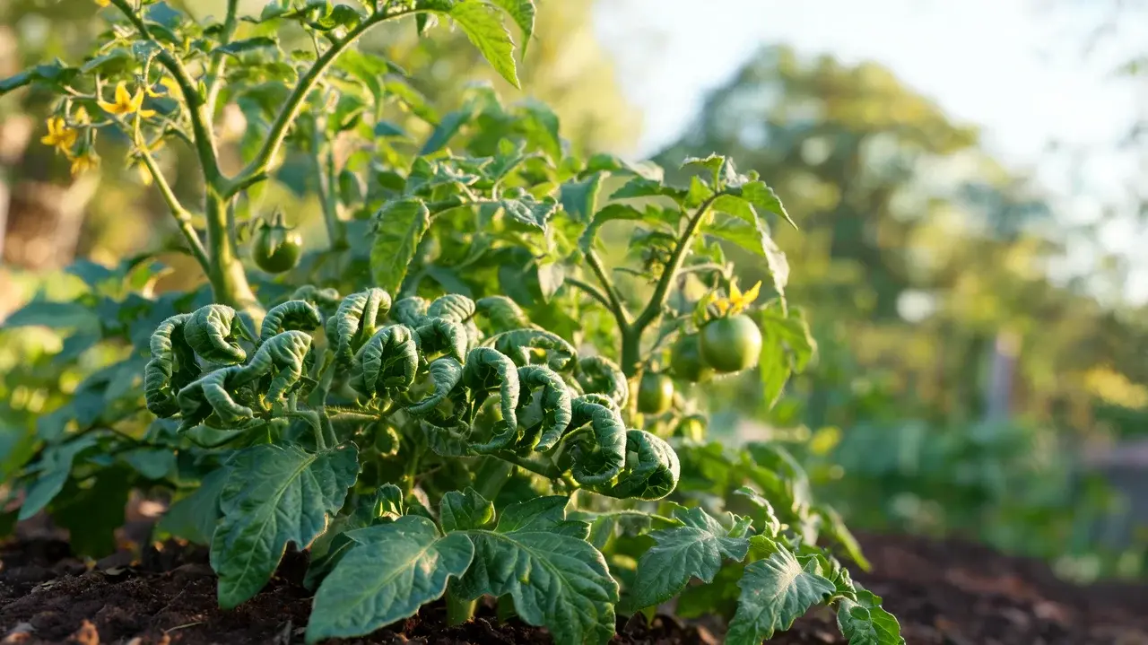older green tomato leaves rolling upward while healthy new growth and developing fruit remain unaffected
