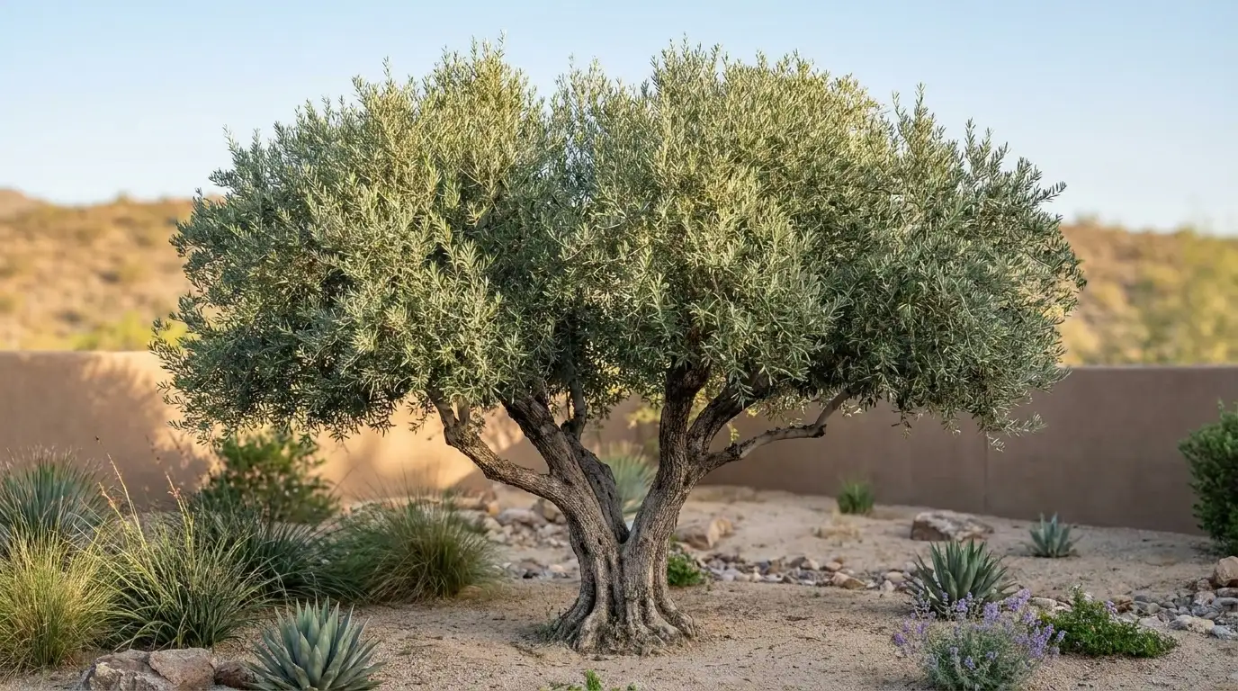 olive tree with twisted gray trunks dense silver green leaves and a rounded canopy in dry sunlight