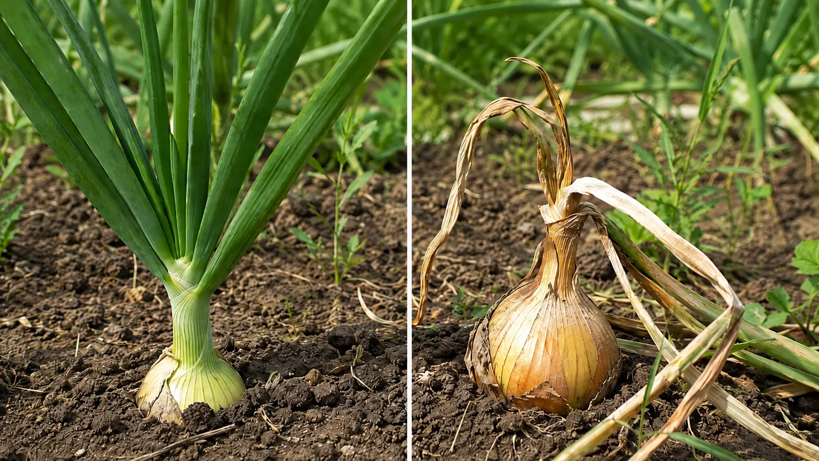 one onion still upright and green next to a mature onion with a fallen top ready for harvest