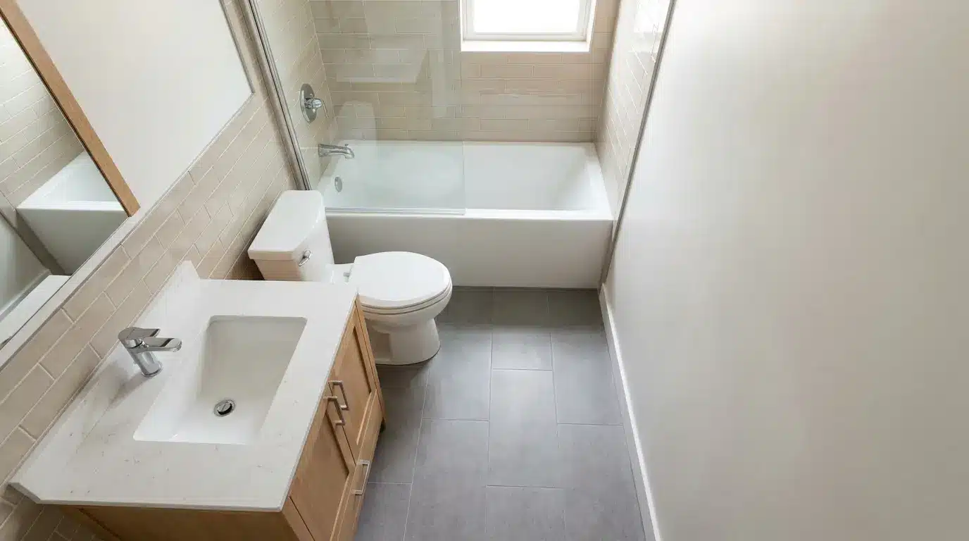 one wall bathroom layout with toilet vanity tub shower and open walking side