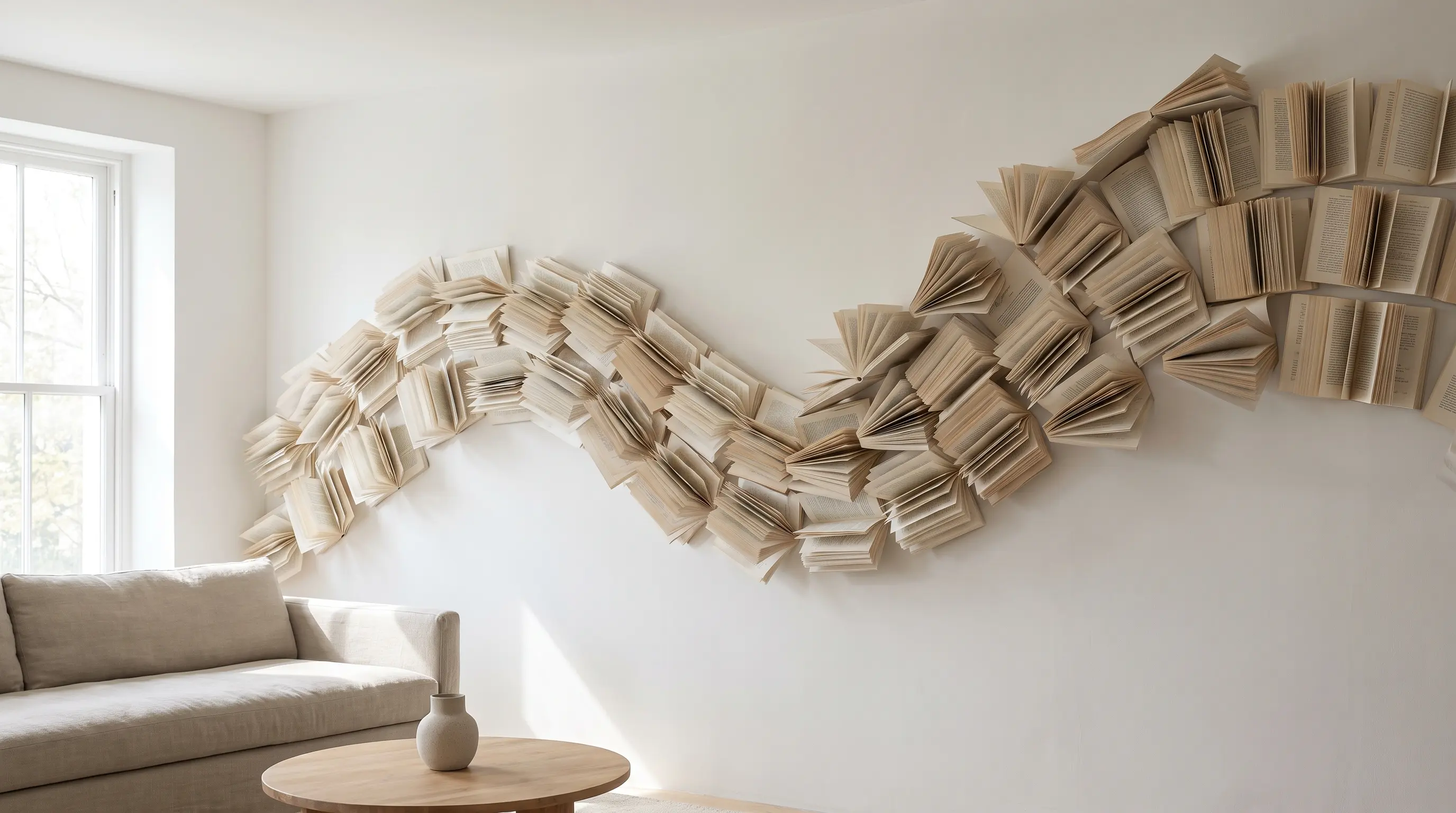 old book pages glued together and shaped carefully then mounted on the wall as a folded sculpture