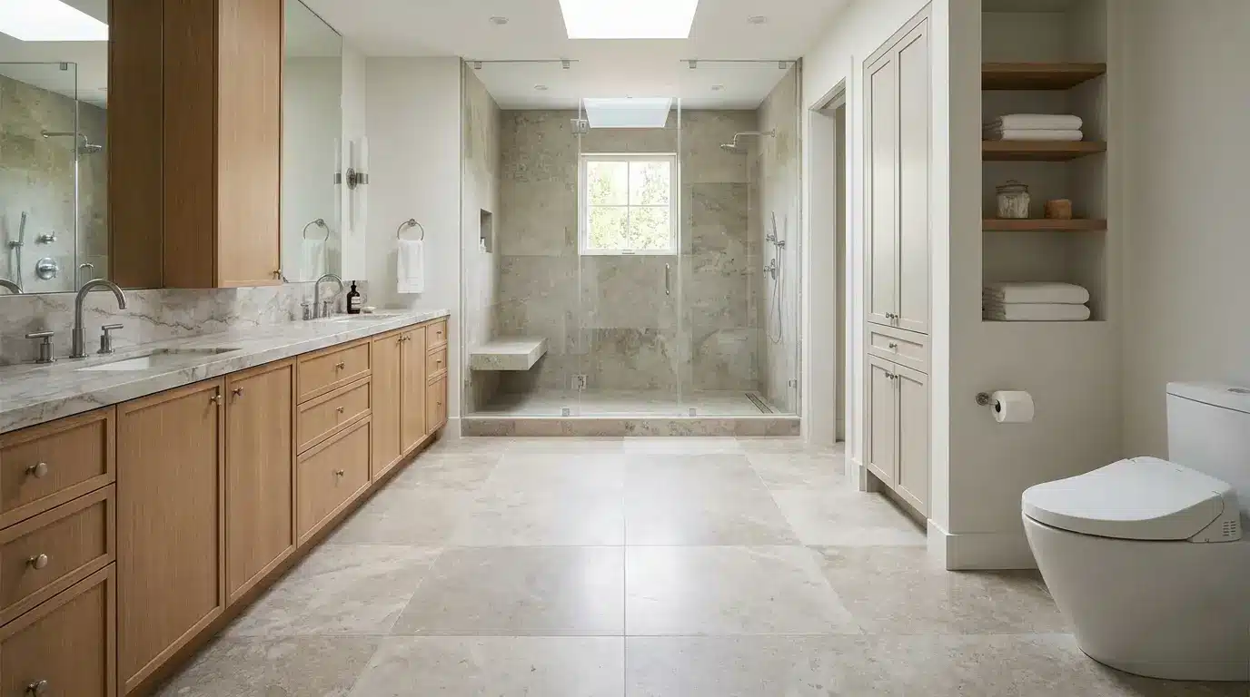 open center bathroom layout with fixtures on edges and clear walking space in middle