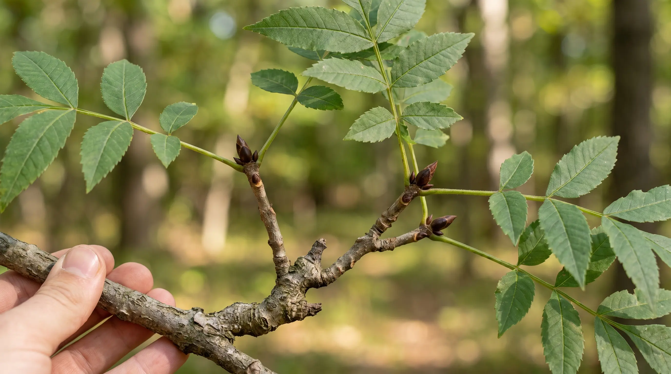 close up of an ash tree branch showing opposite growing leaves and buds along the woody stem