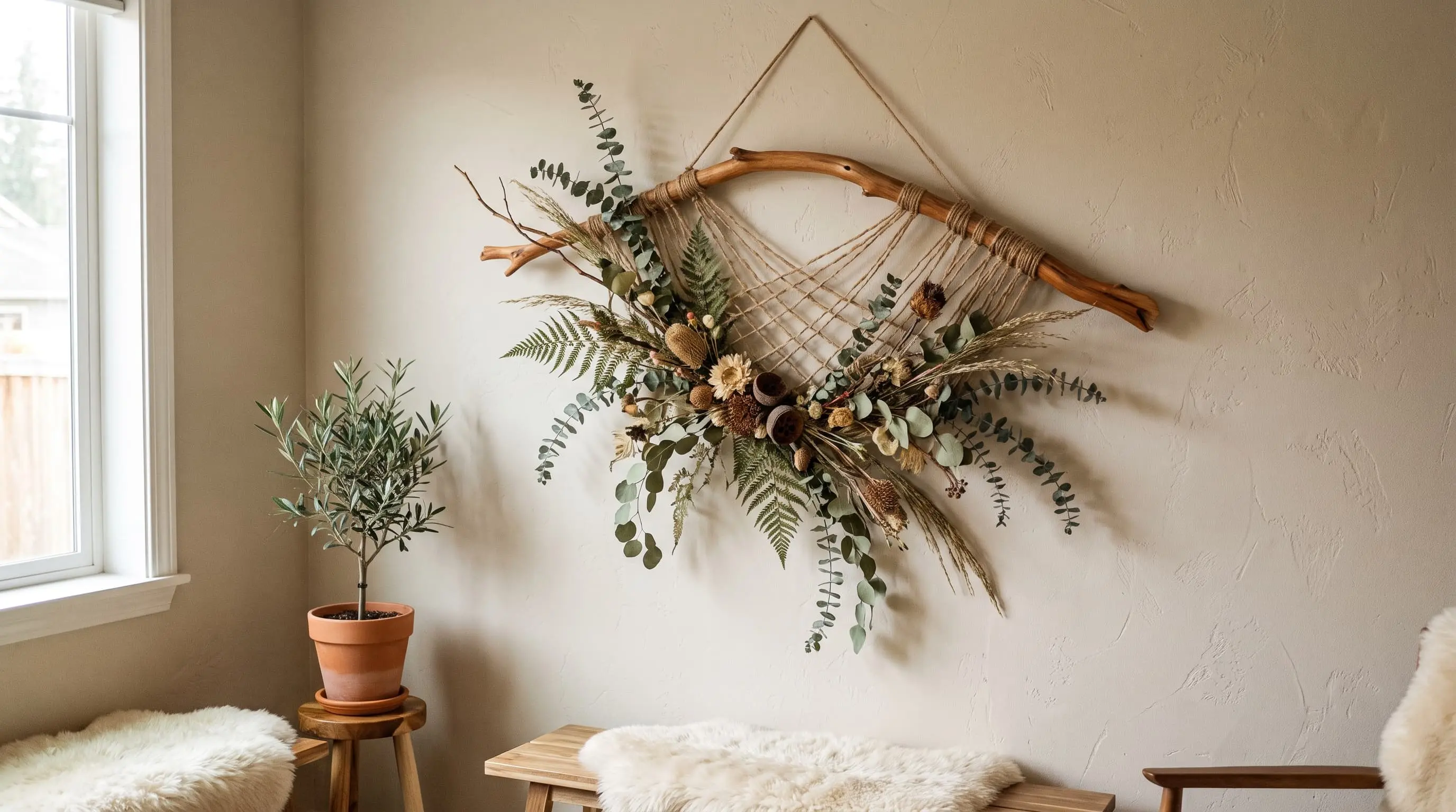 two trimmed branches paired with moss and mounted together on a wooden plaque nature display
