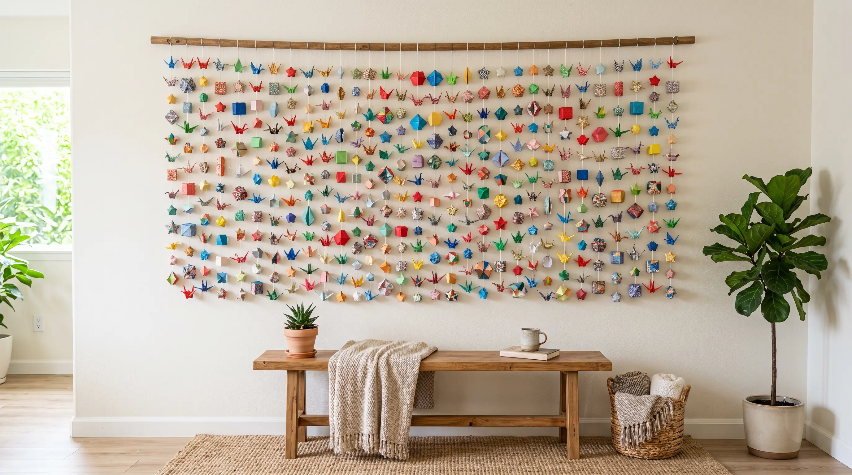 folded paper shapes sewn together with thread and string to form a long hanging wall garland