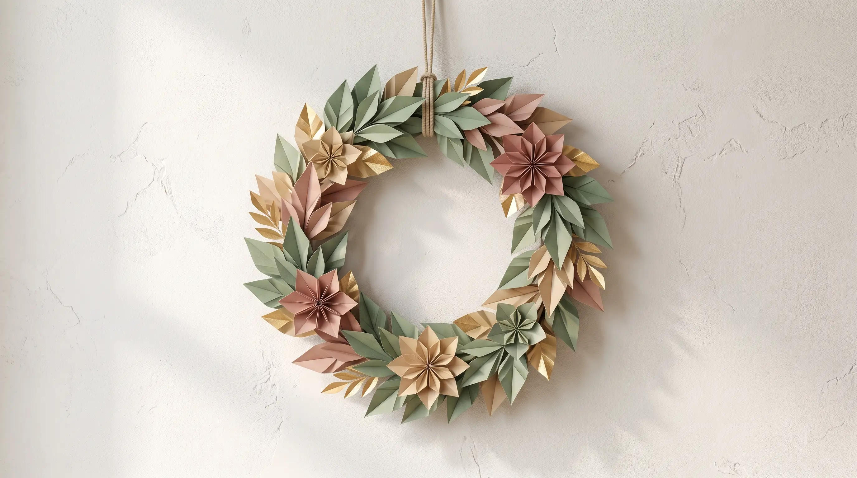 folded origami paper shapes joined together in a circle to form a bright hanging wall wreath