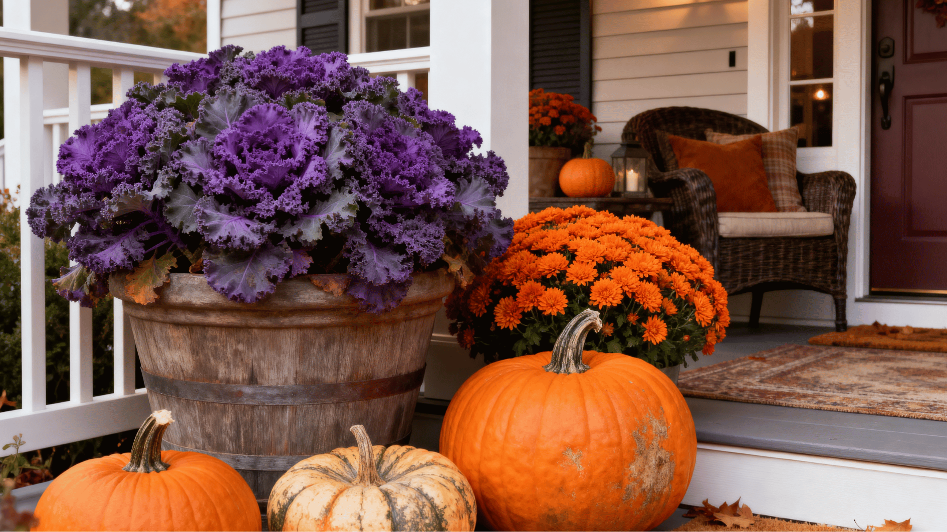 ornamental purple kale planter with orange mums and pumpkins decorating a cozy fall farmhouse porch.