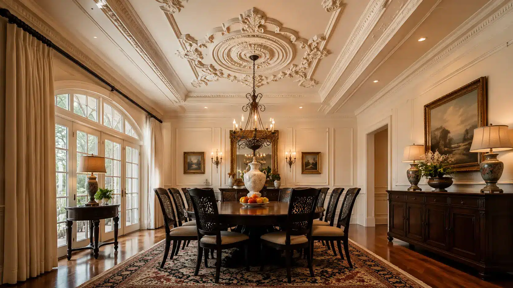 ornate dining room with decorative ceiling molding and chandelier above a classic wooden dining table