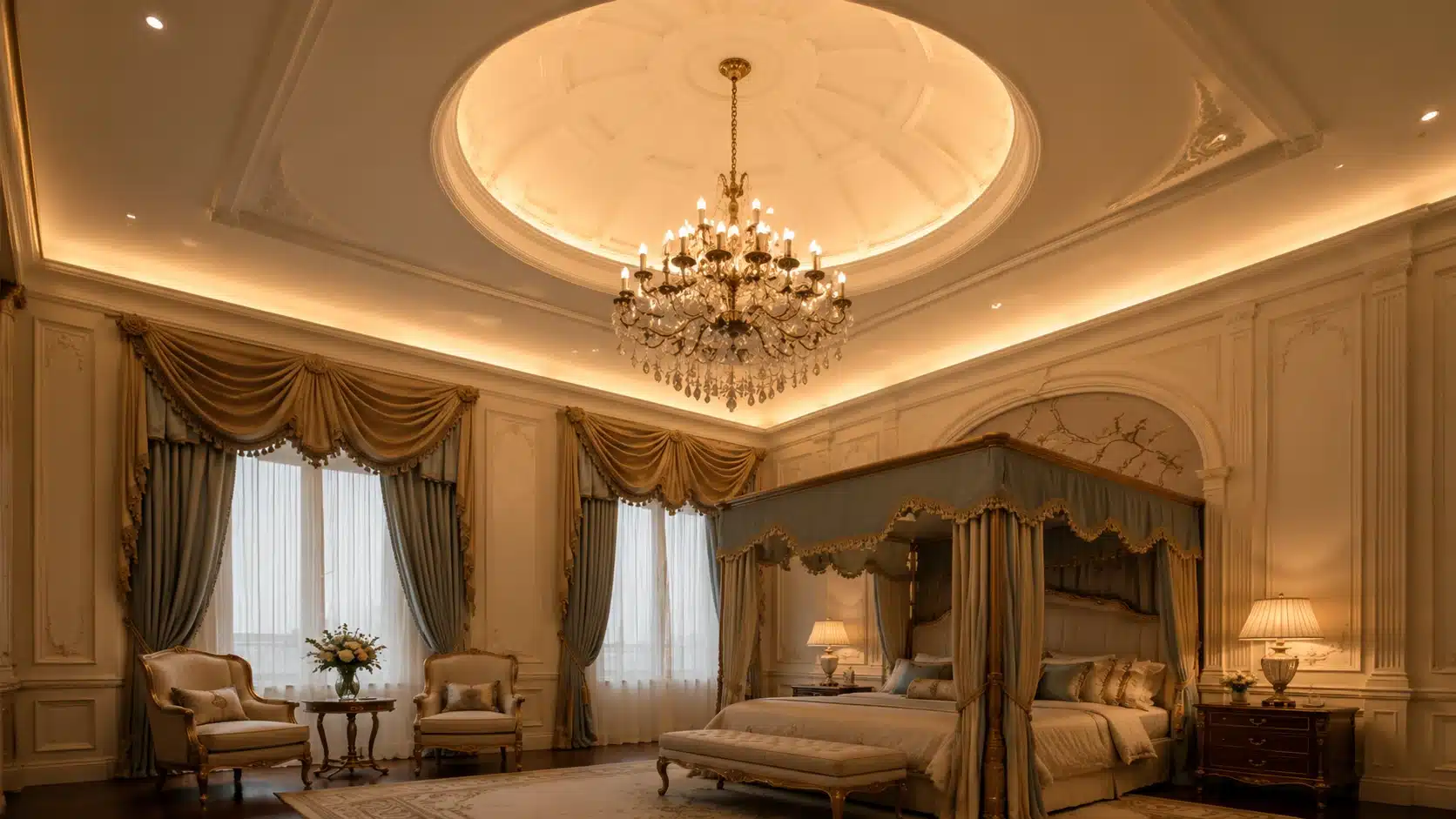 ornate dome ceiling with chandelier and decorative details in a luxurious classic bedroom