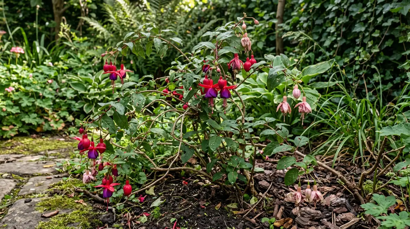 outdoor fuchsia growing in a shaded garden bed with red and purple flowers among green foliage