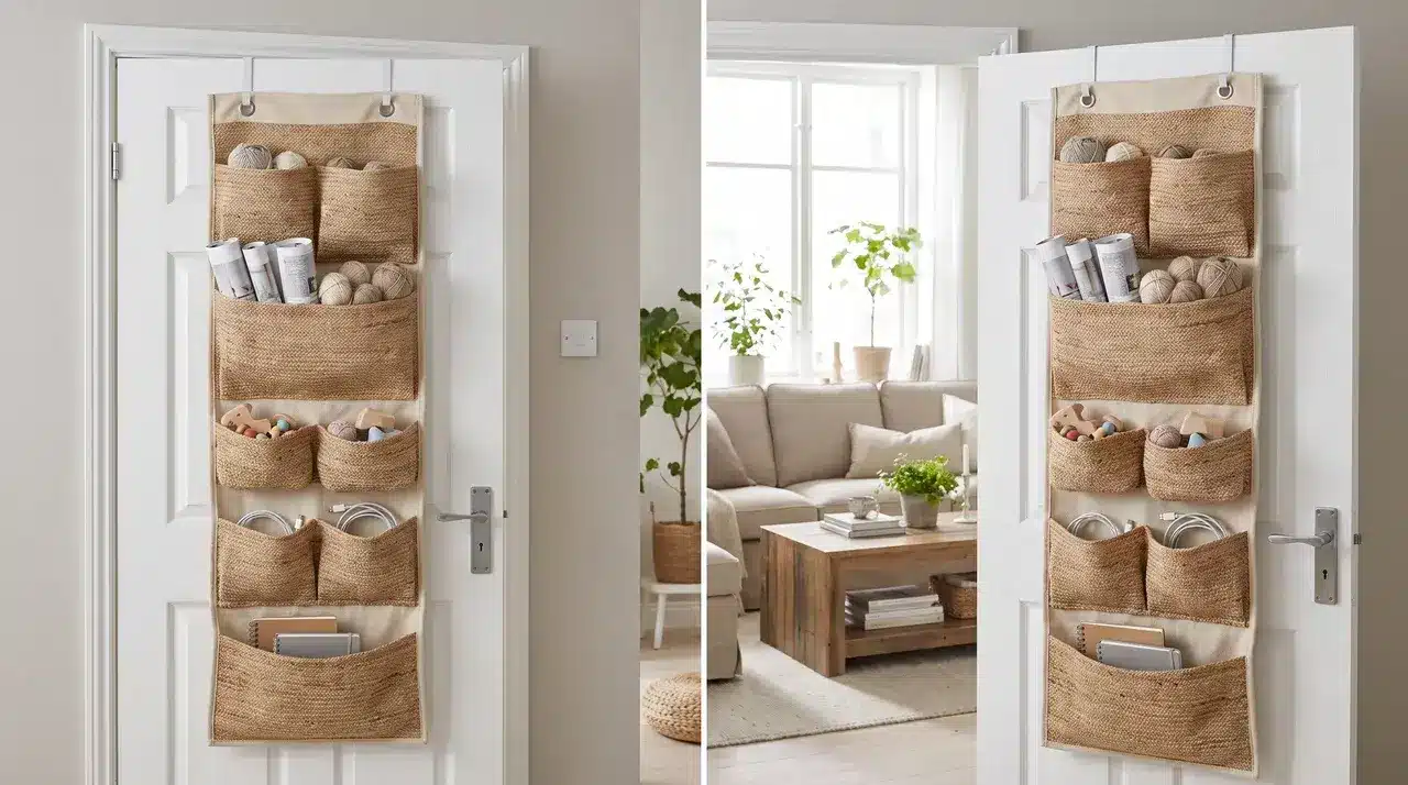 an over the door organizer with multiple pockets used for storing small household items and clutter