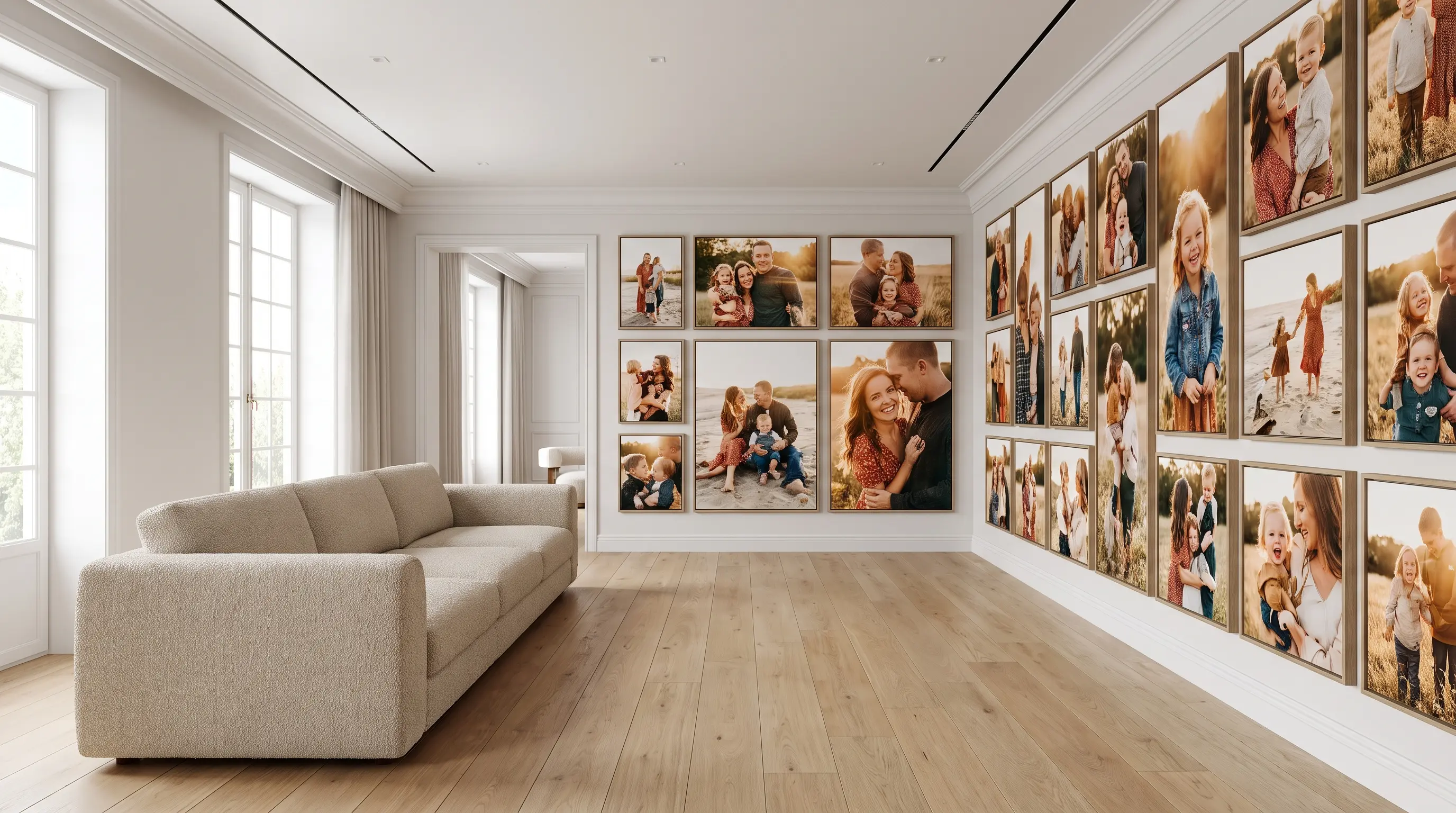 large matching family photo canvases grouped together to form one bold statement wall feature