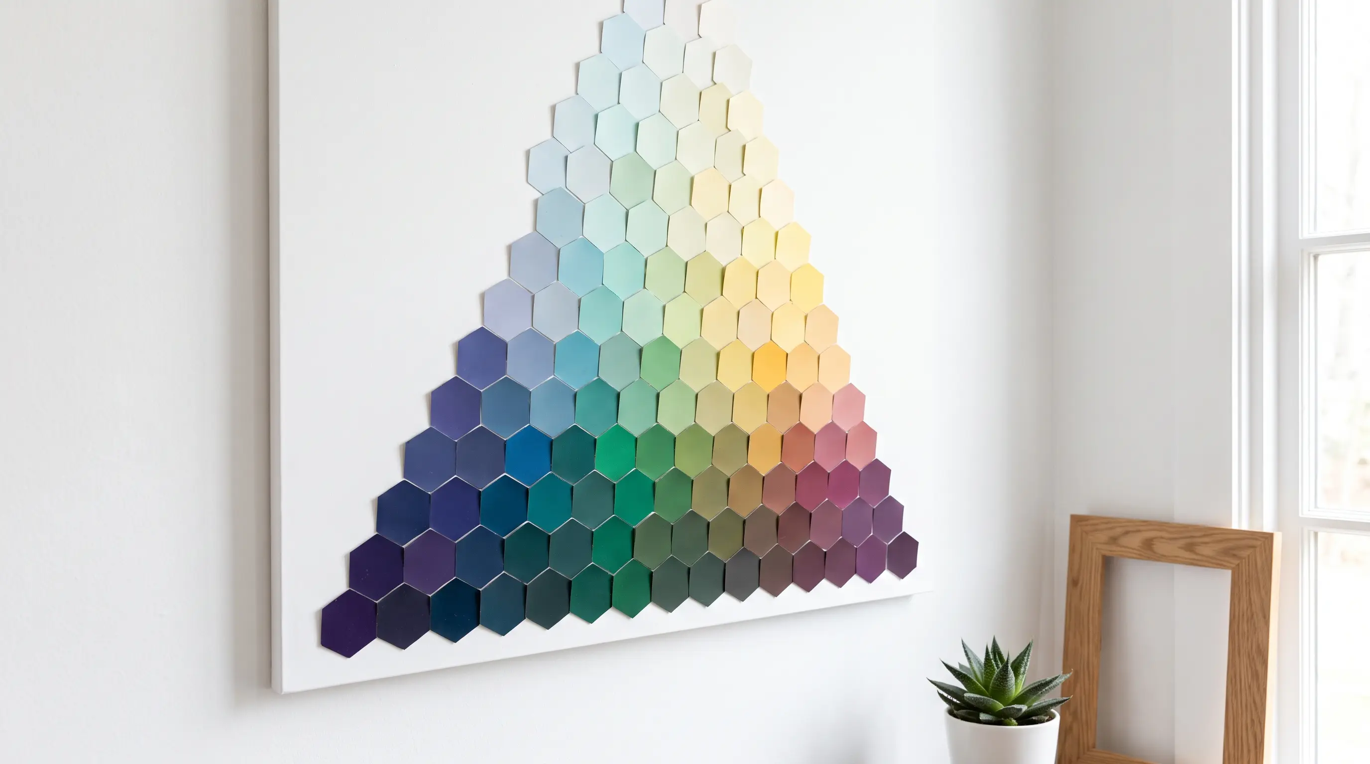 leftover paint chip samples cut and arranged neatly into a colorful geometric wall pattern