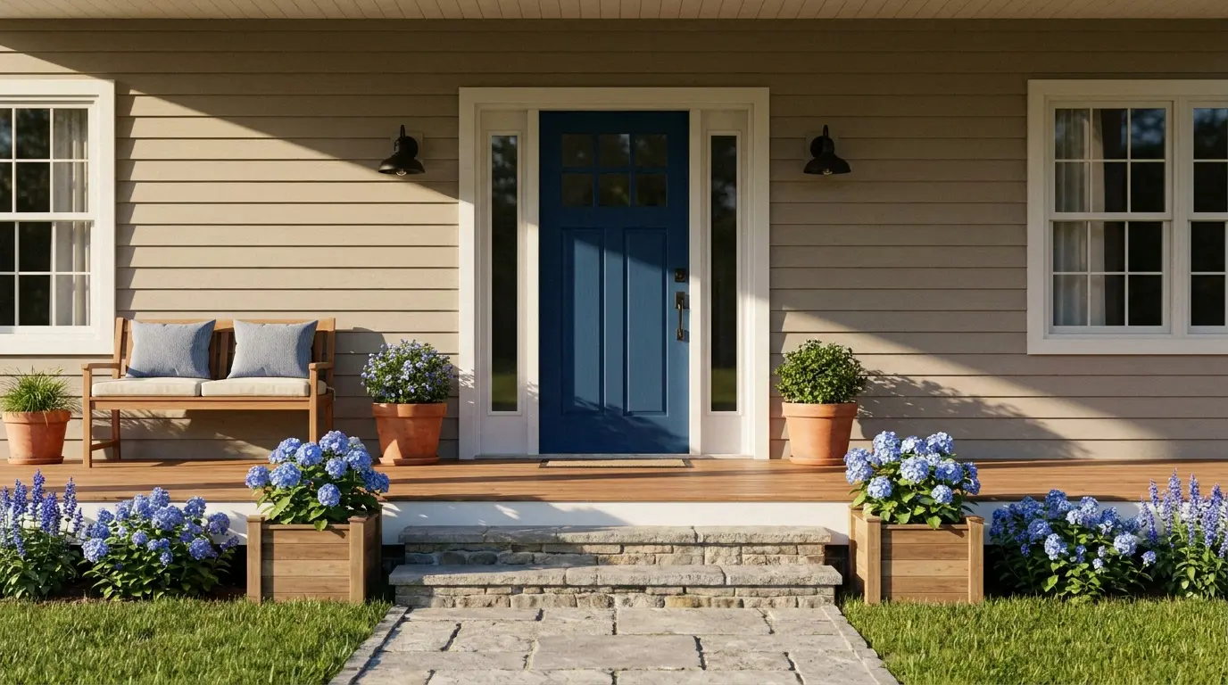 blue front door with wooden bench hydrangeas planters and matching blue cushions