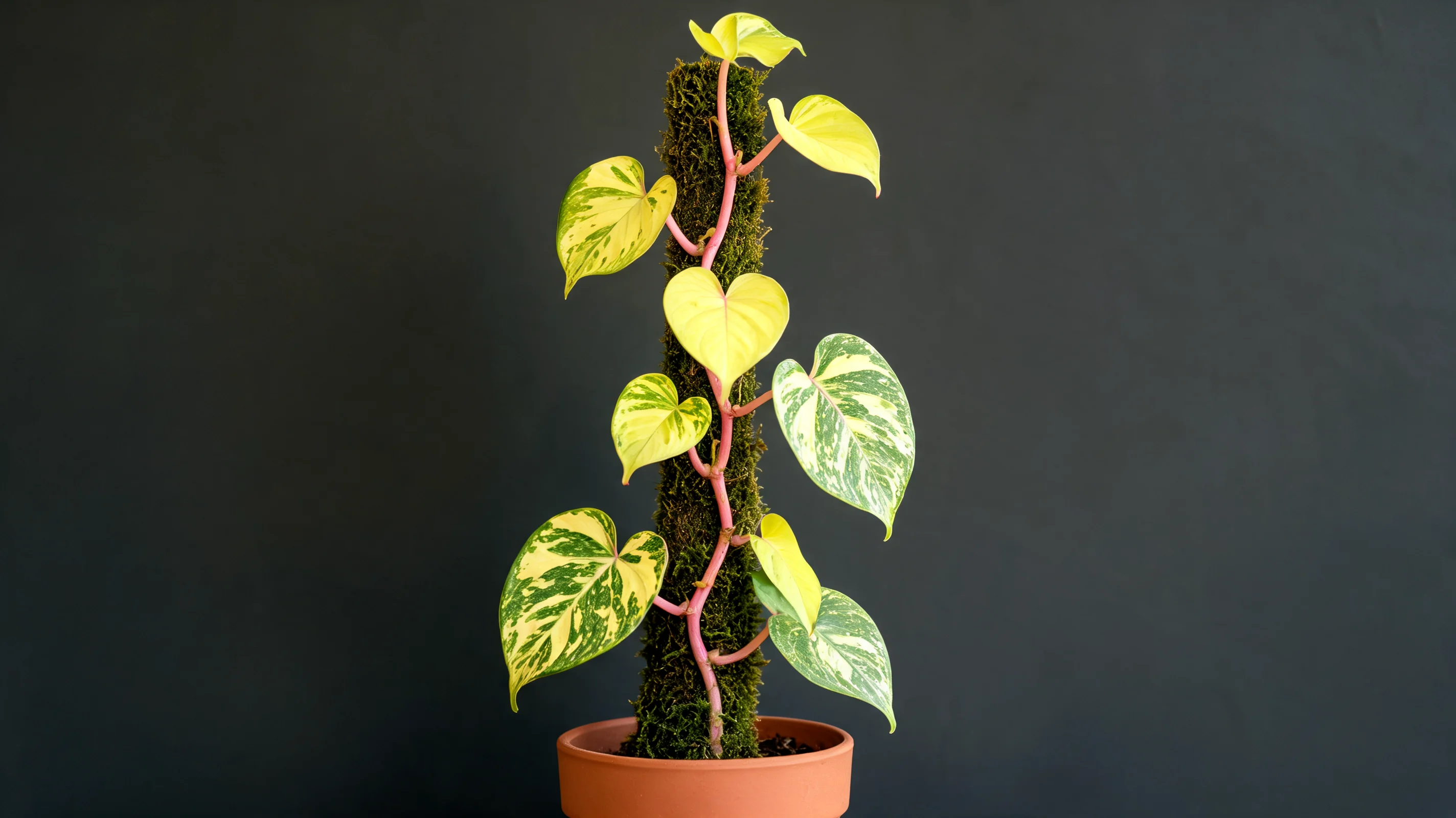 painted lady philodendron with yellow green mottled leaves held on bright pink climbing stems