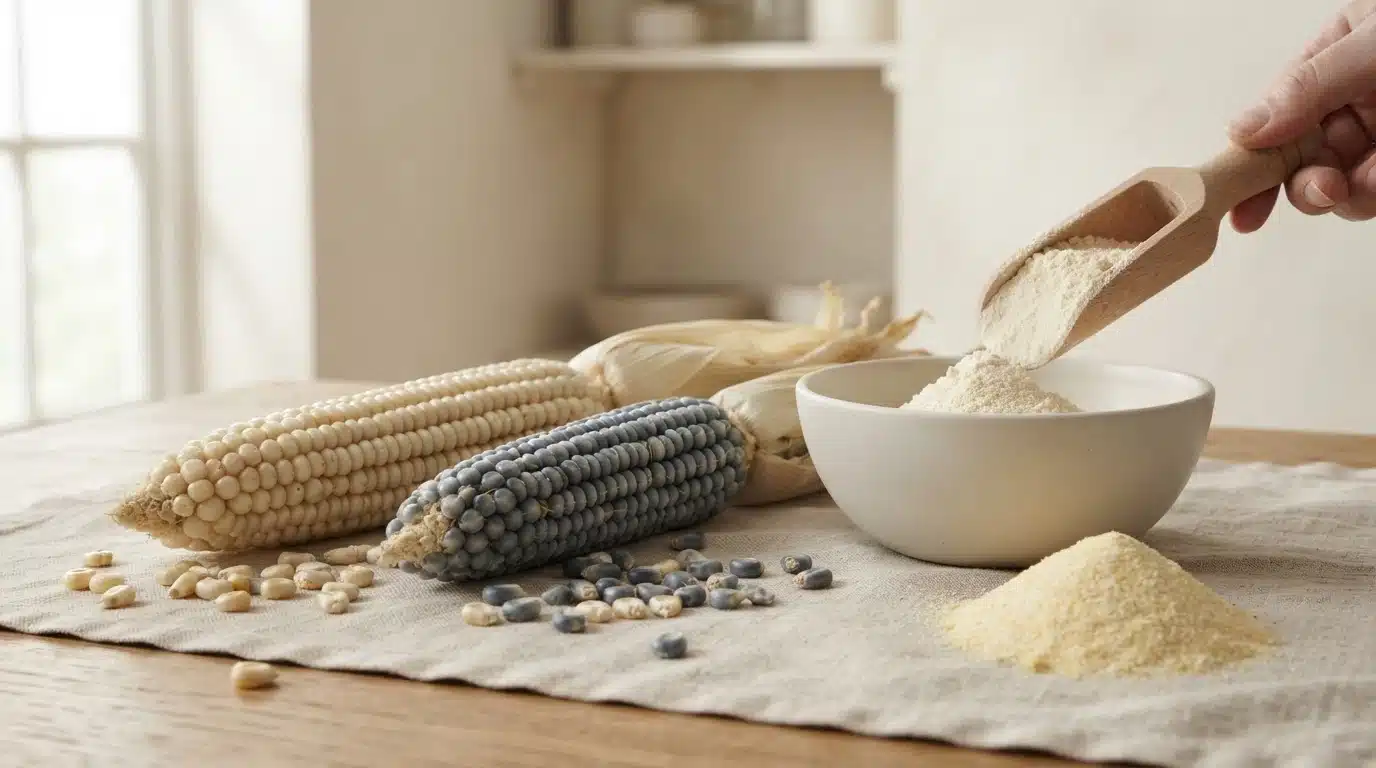pale and blue flour corn ears with loose kernels fine corn flour and meal on a warm wooden kitchen table