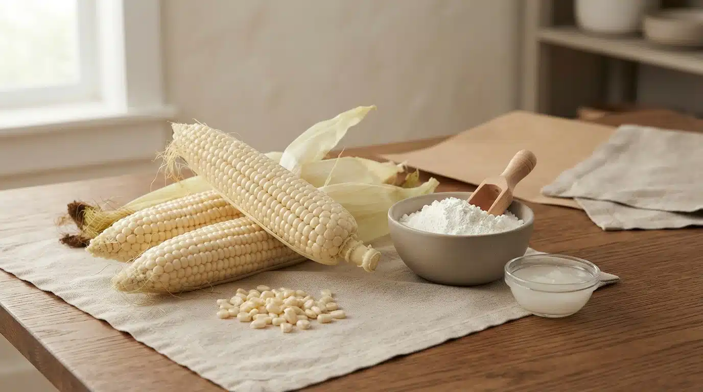 pale waxy corn ears with loose kernels white starch powder and thickened starch on a wooden kitchen table