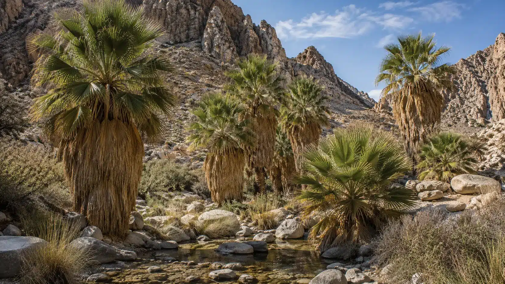 california fan palm grove around a rocky stream in a desert canyon