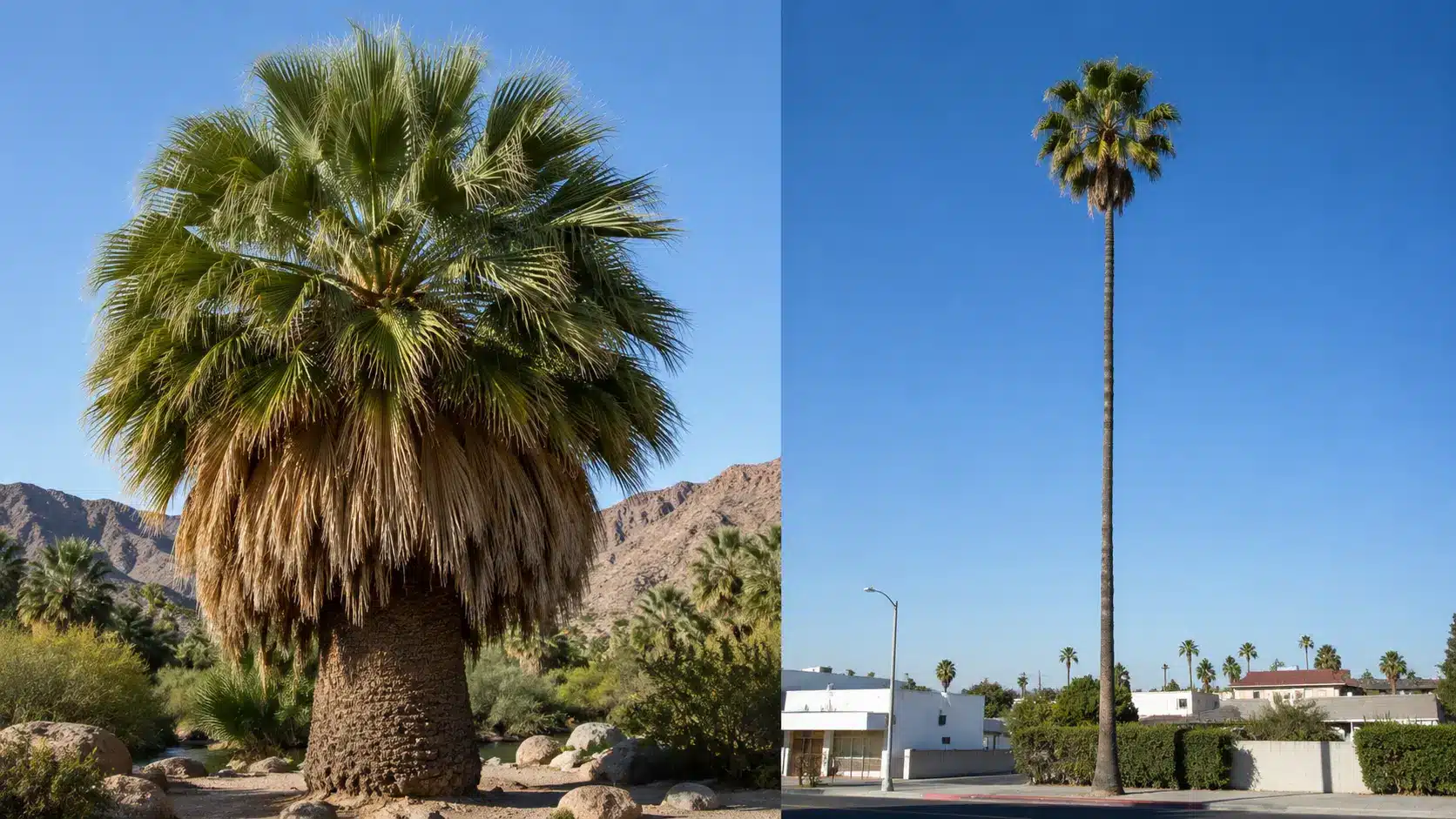 side by side views of a broad california fan palm and a tall slender palm beneath clear blue skies