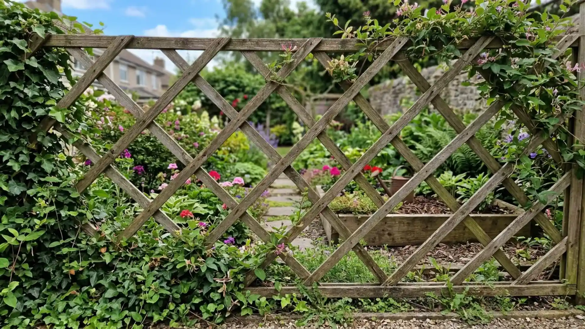 wooden lattice panel fence with climbing vines in a garden