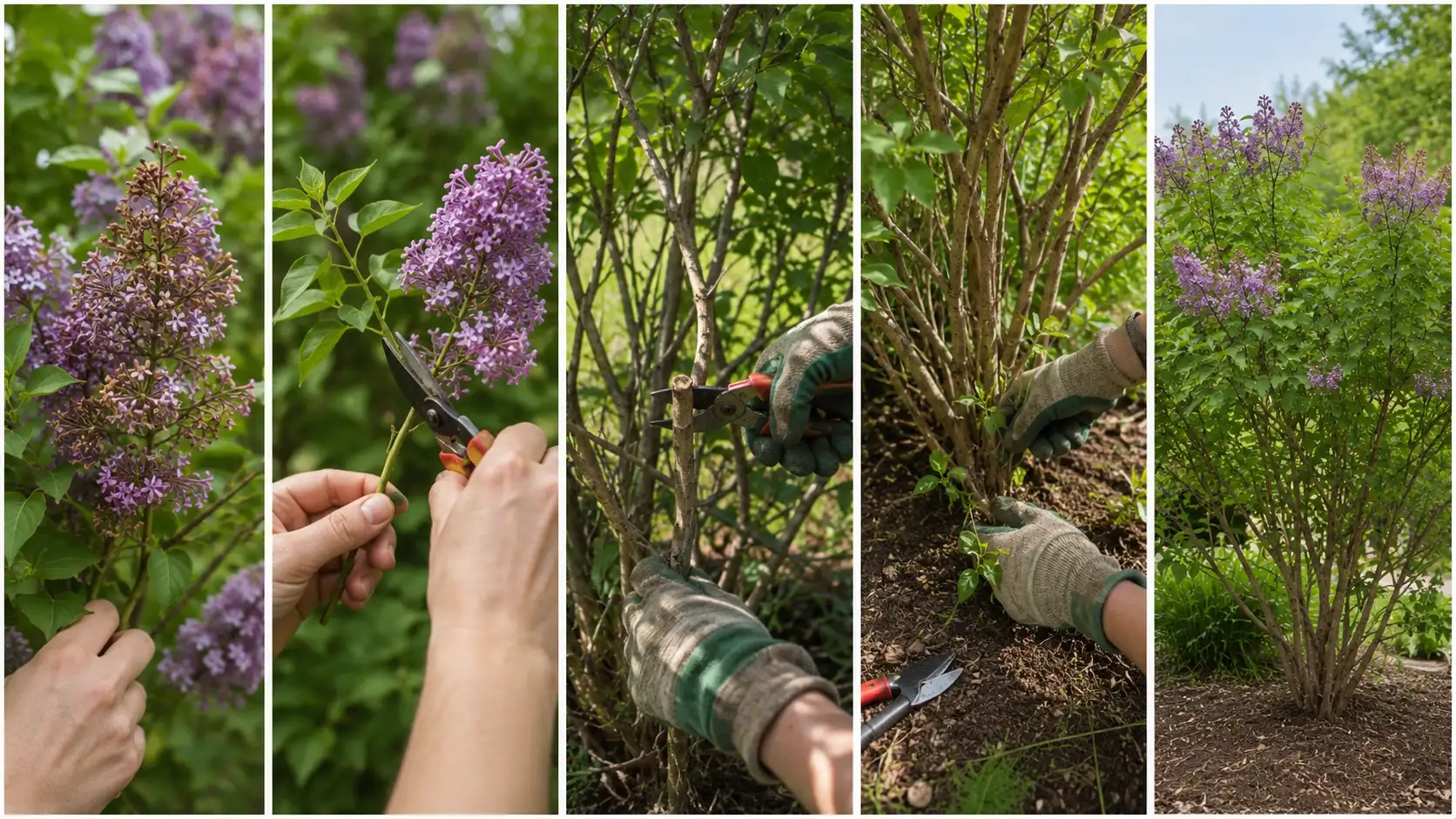 panels showing when to prune lilacs, from faded blooms to deadheading, branch cuts, sucker thinning, and final shaping