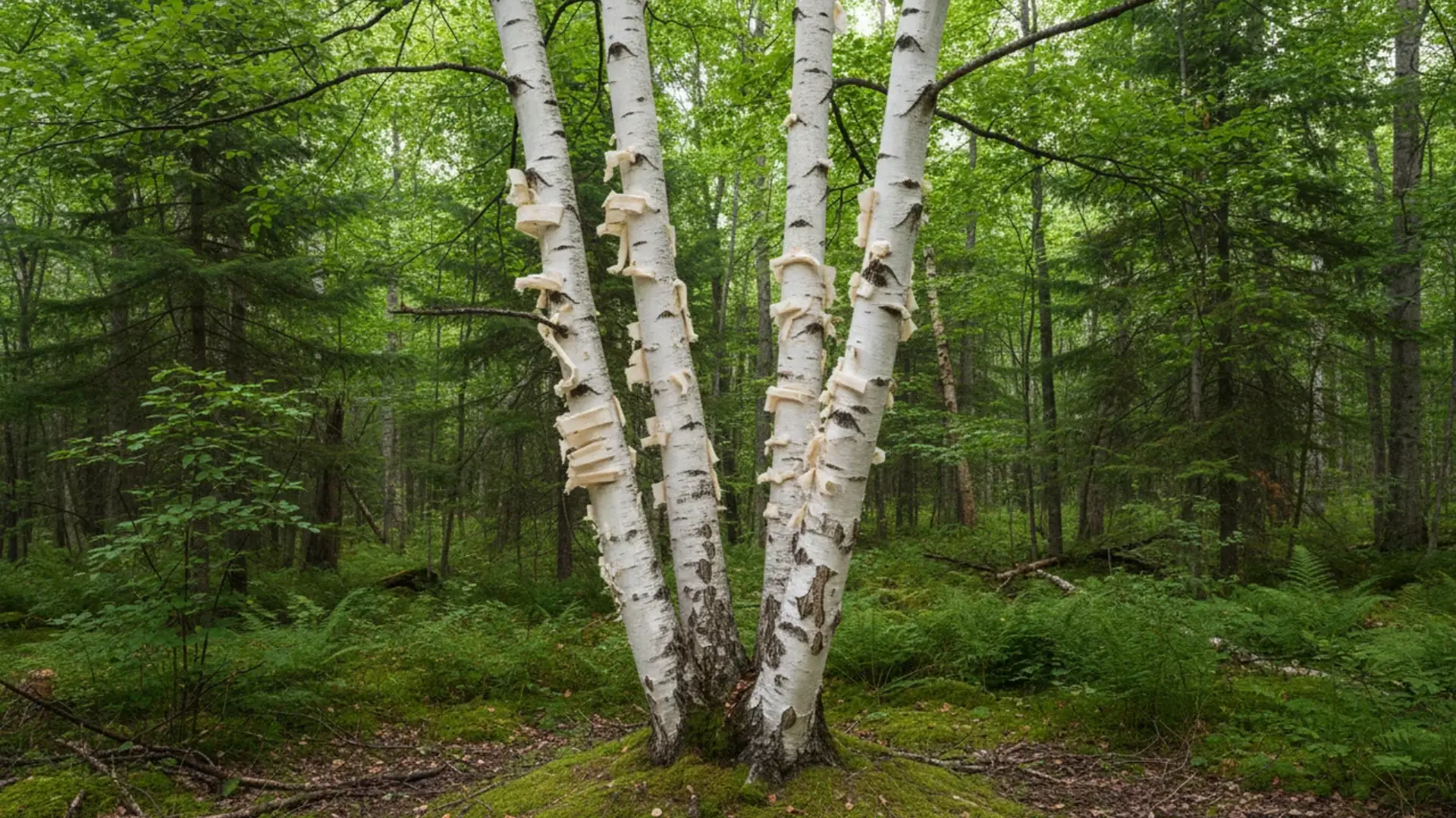 several paper birch trunks with bright white peeling bark rise among green plants in a shaded forest