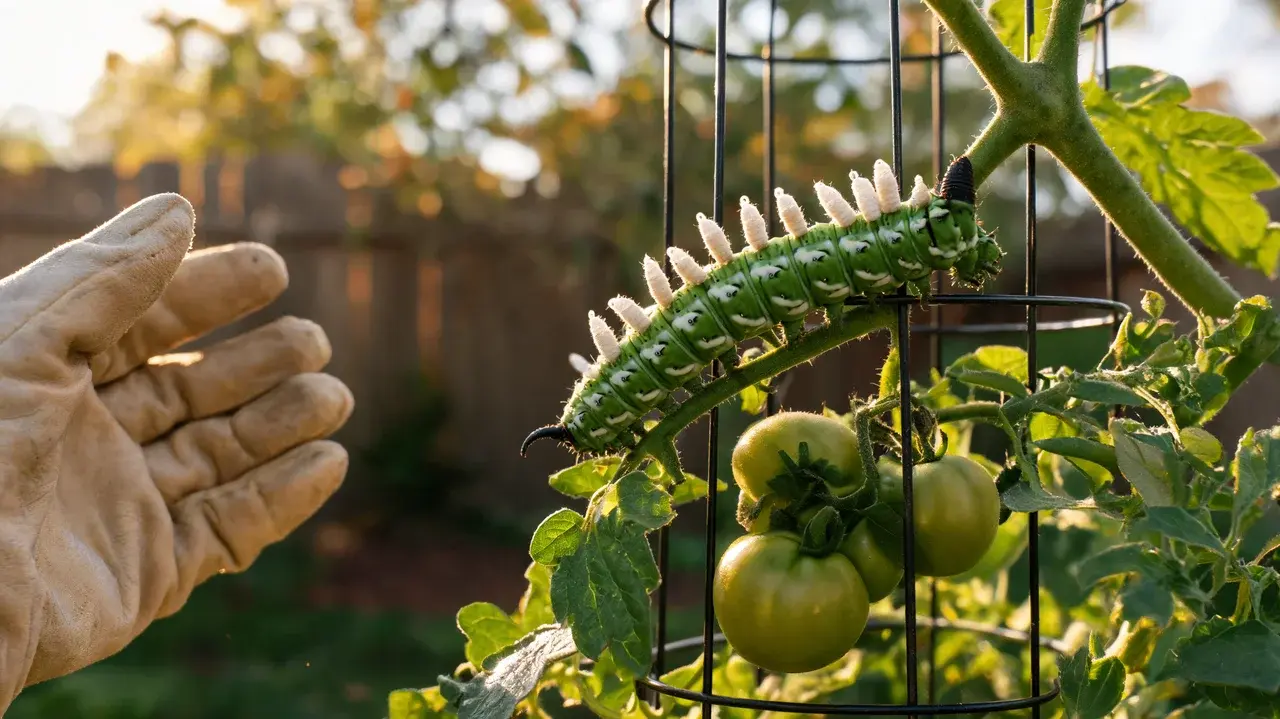 parasitized tomato hornworm covered in white wasp cocoons resting on a tomato plant