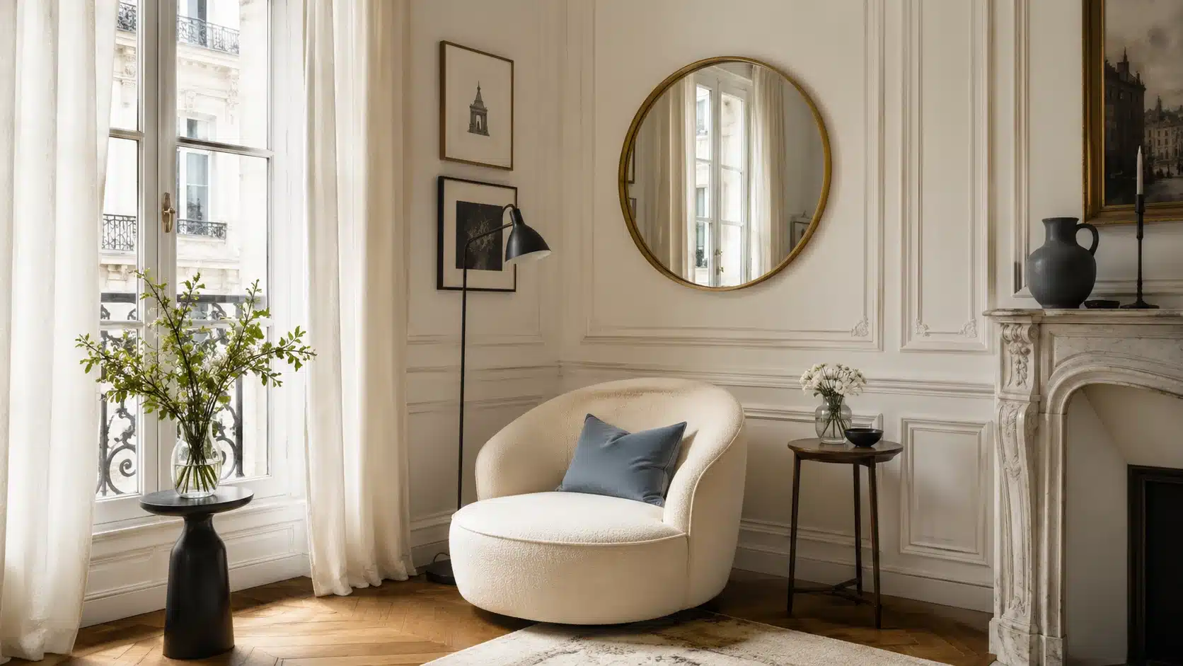 parisian chic apartment interior design with curved chair framed art mirror and soft drapes