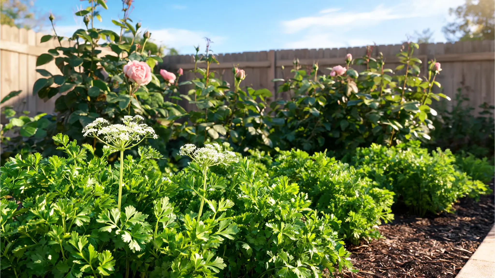 parsley growing near rose bushes in a mixed garden bed