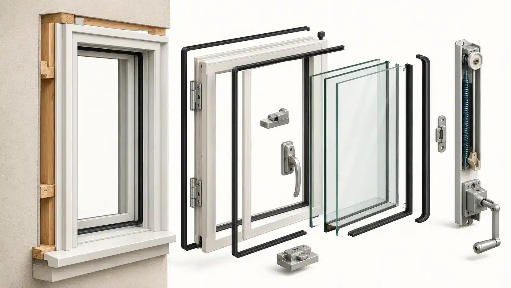 parts of window comprimising of multiple things like window frame window sash glass and glazing seals and weatherstripping and finally window hardware