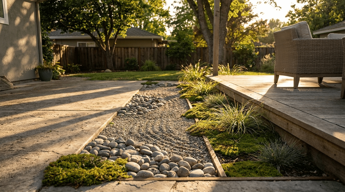 patio edge zen garden ideas with smooth stones, low greenery, and a calm strip beside outdoor seating