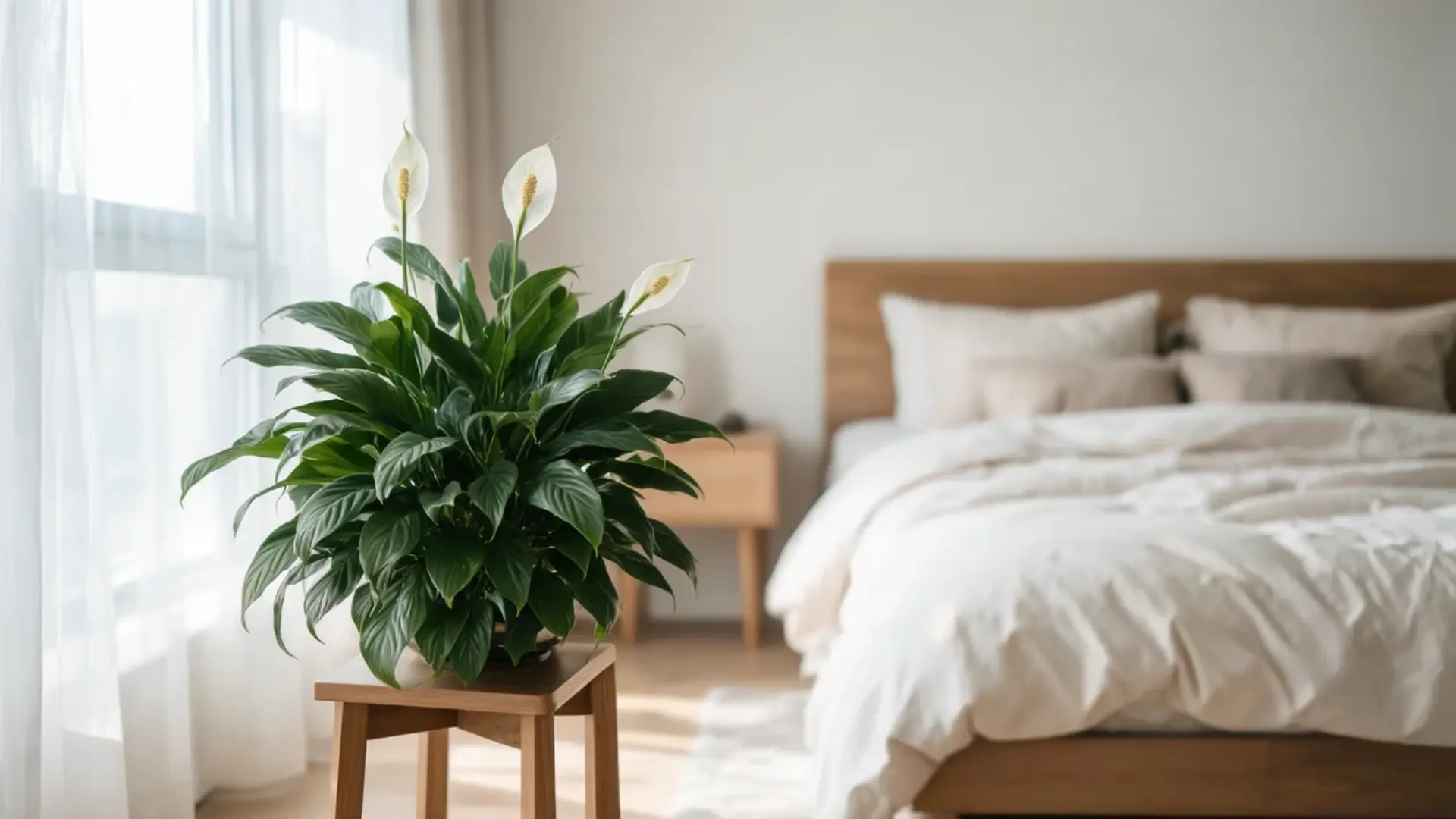 peace lily with white blooms on a wooden stool beside a sunlit bed in a calm neutral bedroom