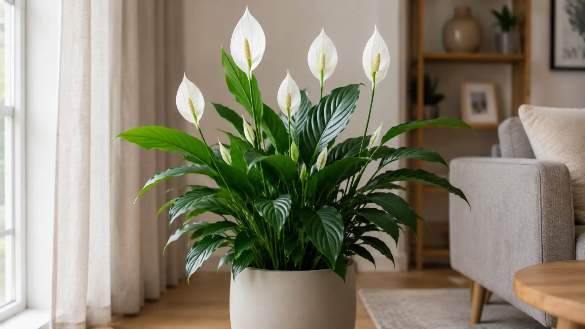 healthy peace lily with glossy green leaves and white flowers in a bright modern living room