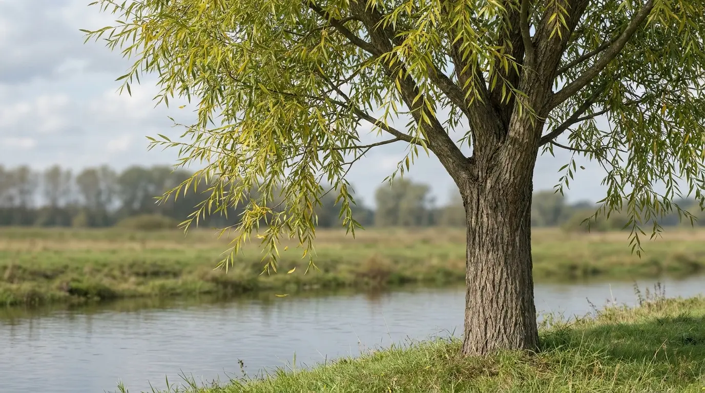 mature peachleaf willow with narrow pointed leaves and a ridged trunk beside a calm rural waterway